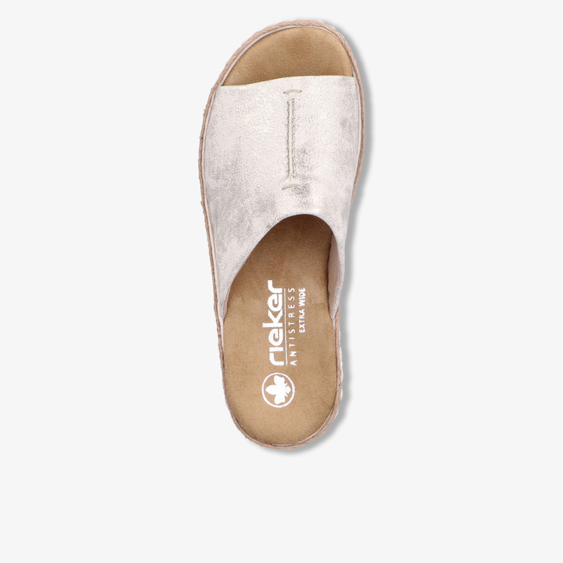 Bequeme helle Rieker Pantoletten mit offenem Zehenbereich und weichem Fußbett