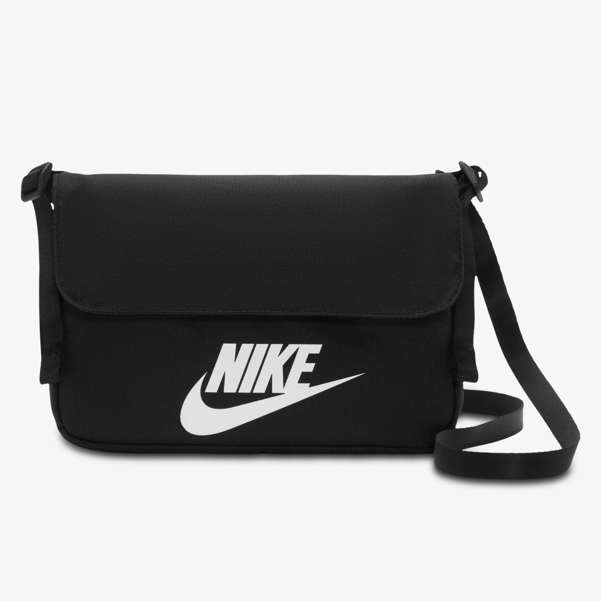 Schwarze Nike Umhängetasche mit verstellbarem Riemen und großem Logo, praktisch und sportlich für den Alltag