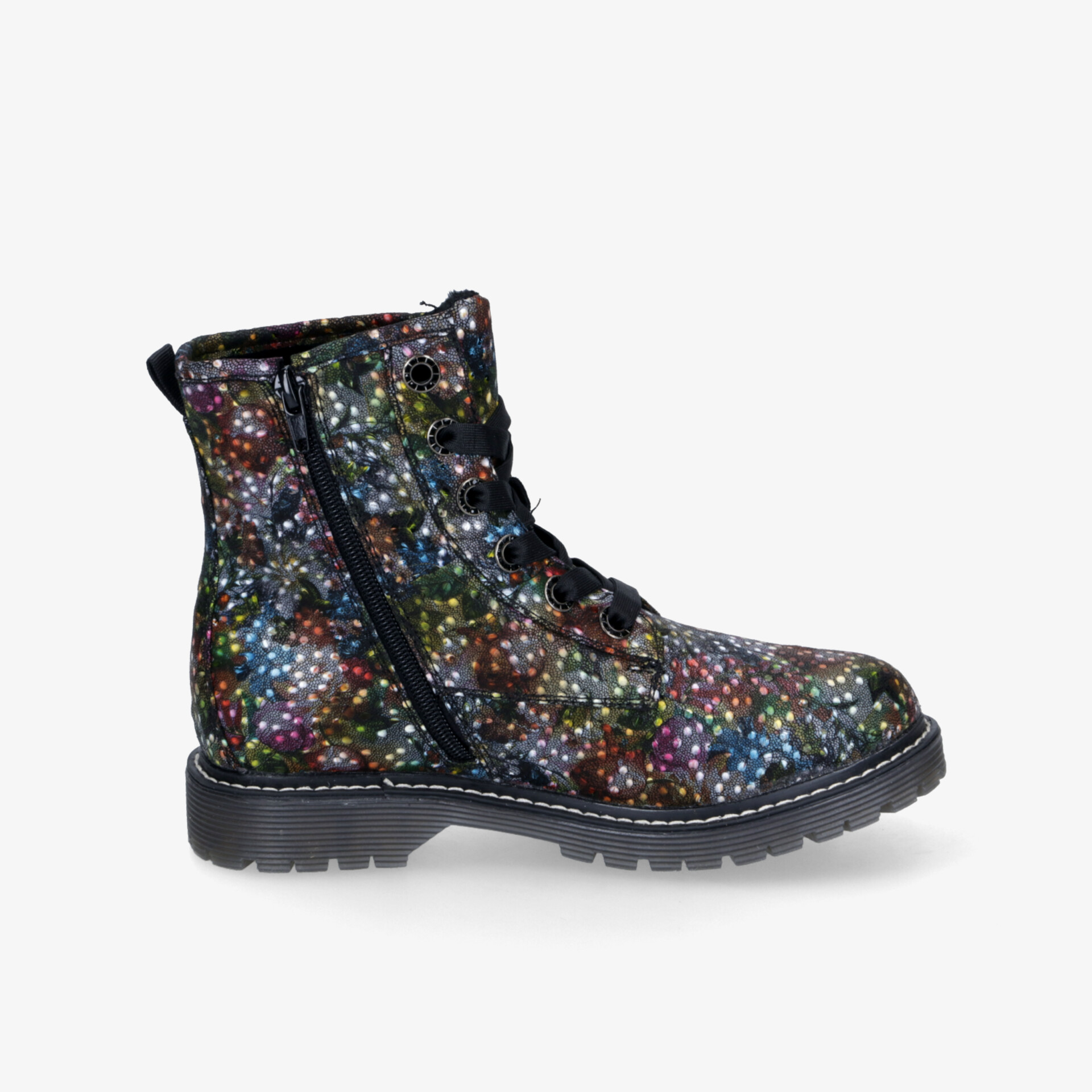 Robuste farbige Stiefelette mit Schnürung und Reißverschluss, wetterfester Oberfläche und profilierter Sohle