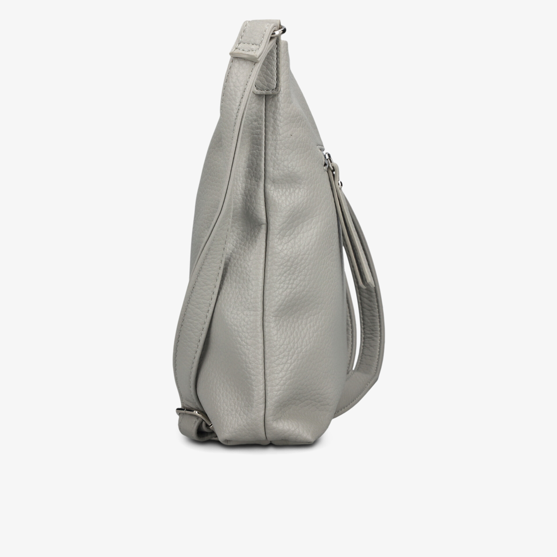 Seitliche Ansicht einer grauen Tasche aus glattem Leder mit stabilem Tragegriff und modernem, elegantem Design