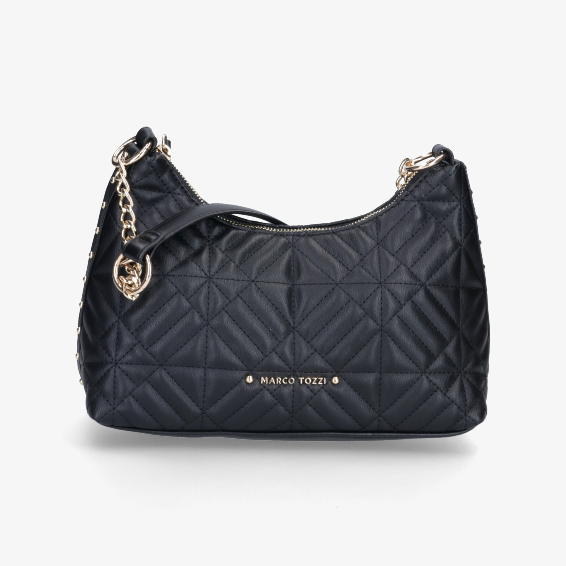 Elegante schwarze gesteppte Handtasche mit goldener Kette und hochwertigem Material, kompakt und stilvoll