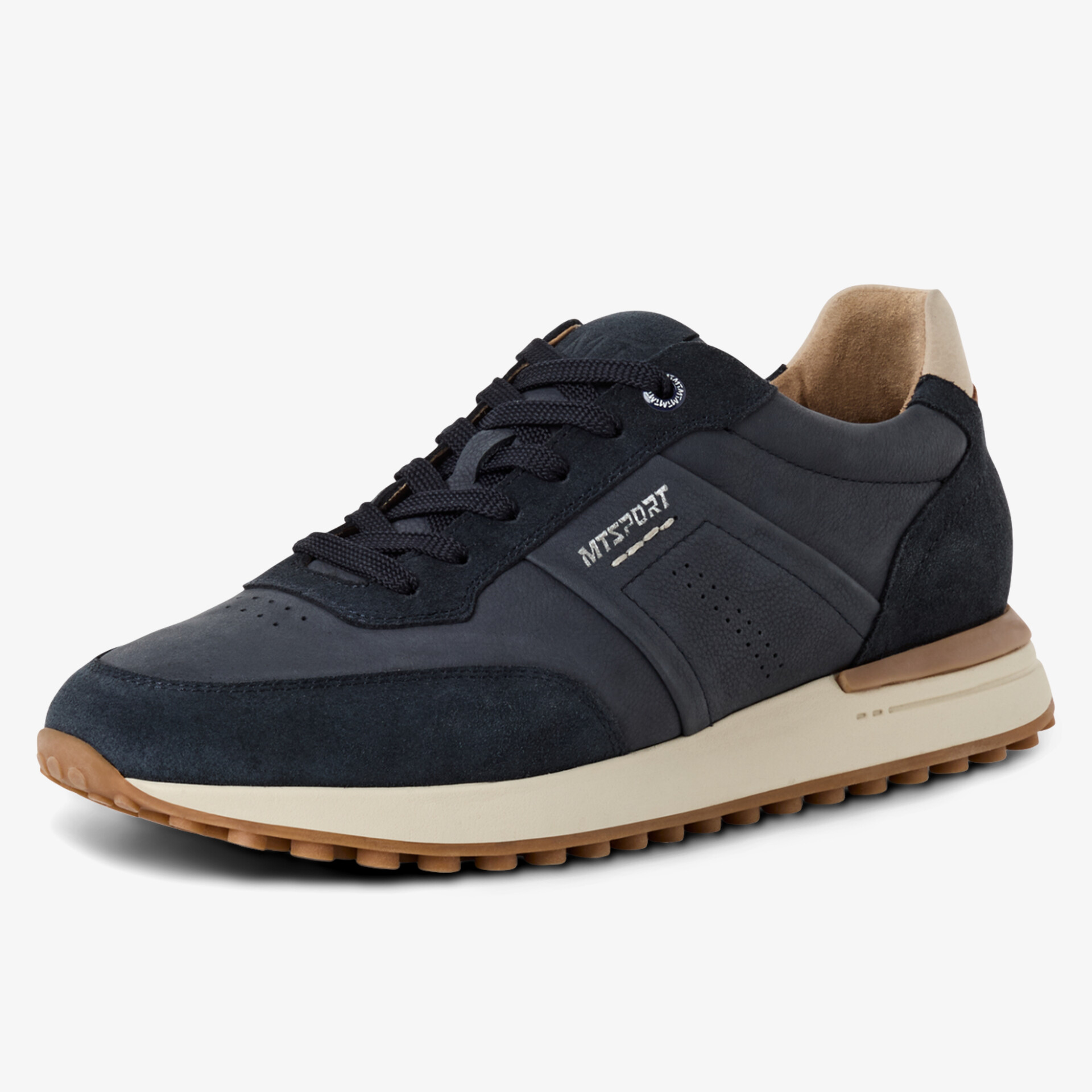 Dunkelblauer Sneaker mit seitlichem Markenlogo und brauner Laufsohle, bequemer und sportlicher Alltags-Schuh