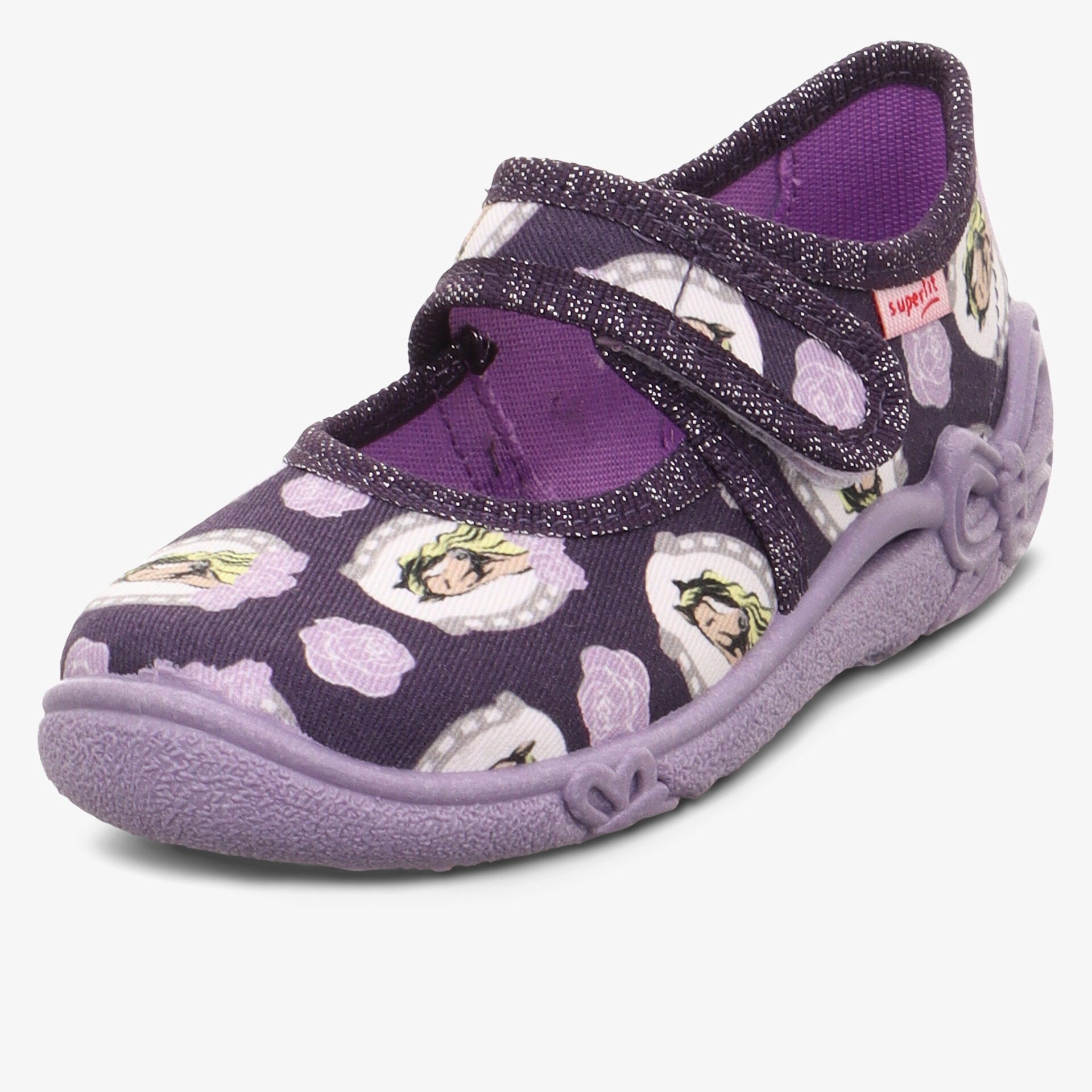 Lila bedruckter Freizeitschuh mit Klettverschluss und bequemer Sohle