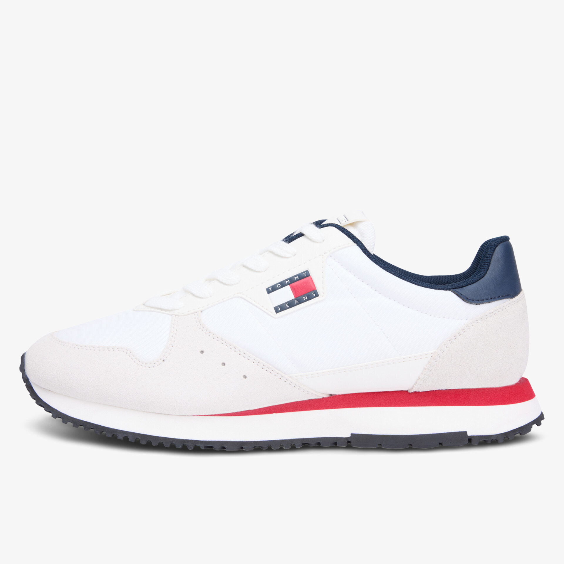 Moderner leichter Sportschuh in Weiß mit dunkelblauen und roten Akzenten, bequemer Sitz und langlebige Sohle