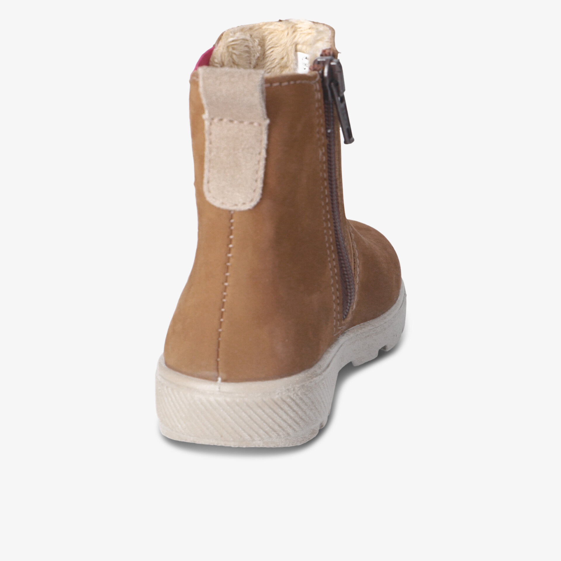 Rückansicht eines warm gefütterten Winterstiefels mit praktischem seitlichem Reißverschluss und robuster weißer Sohle