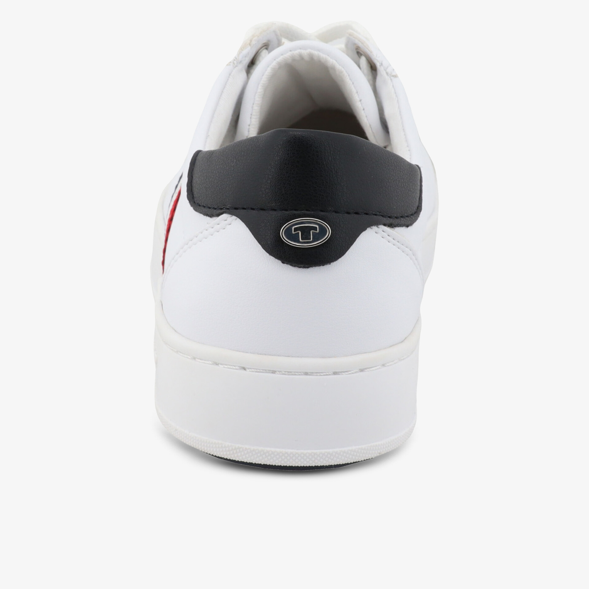 Weiße Sneaker mit schwarzem Fersenbereich, modernes Design und komfortable Passform, Rückansicht