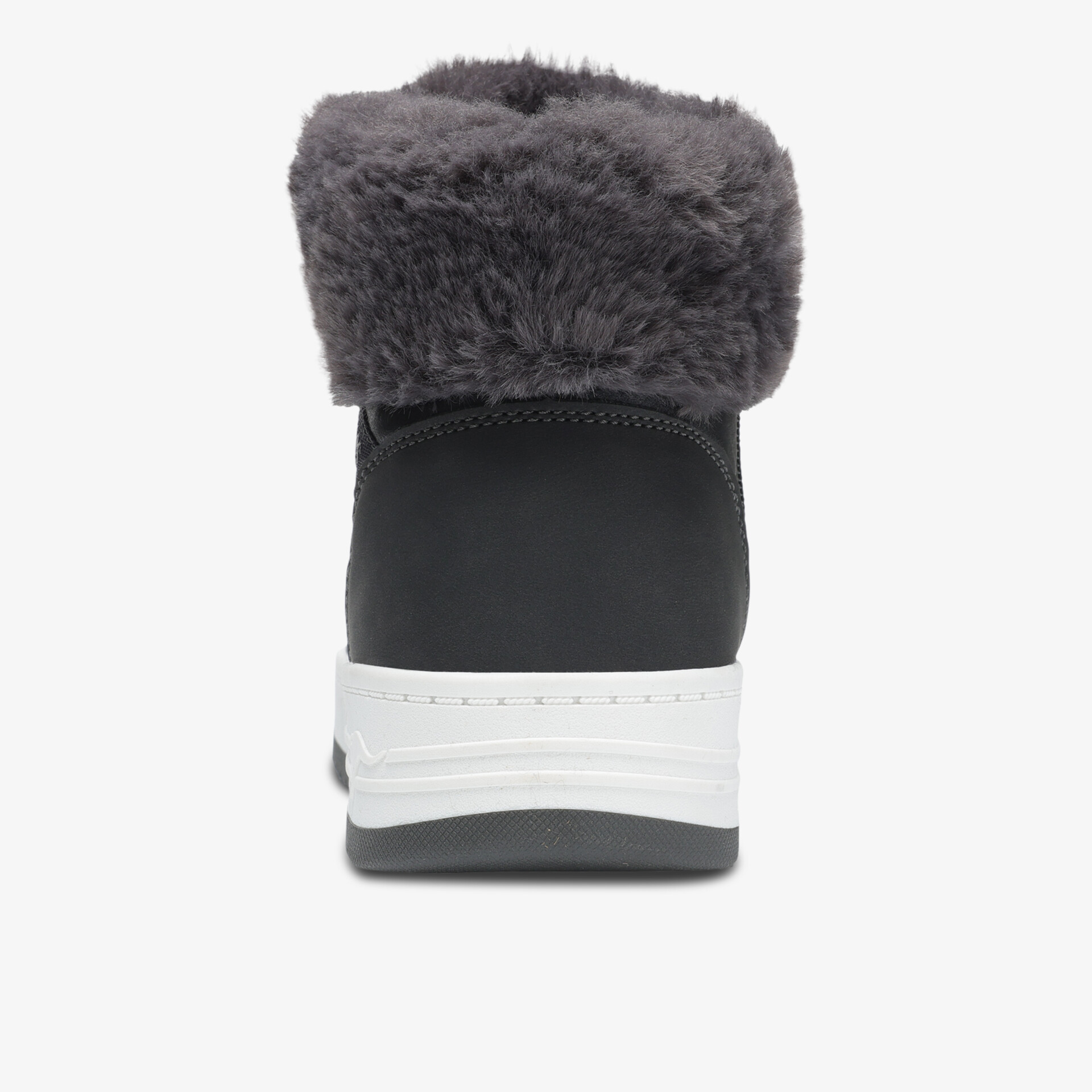 Schwarzer Winterstiefel mit weißer Sohle und weichem Fellbesatz in Rückansicht