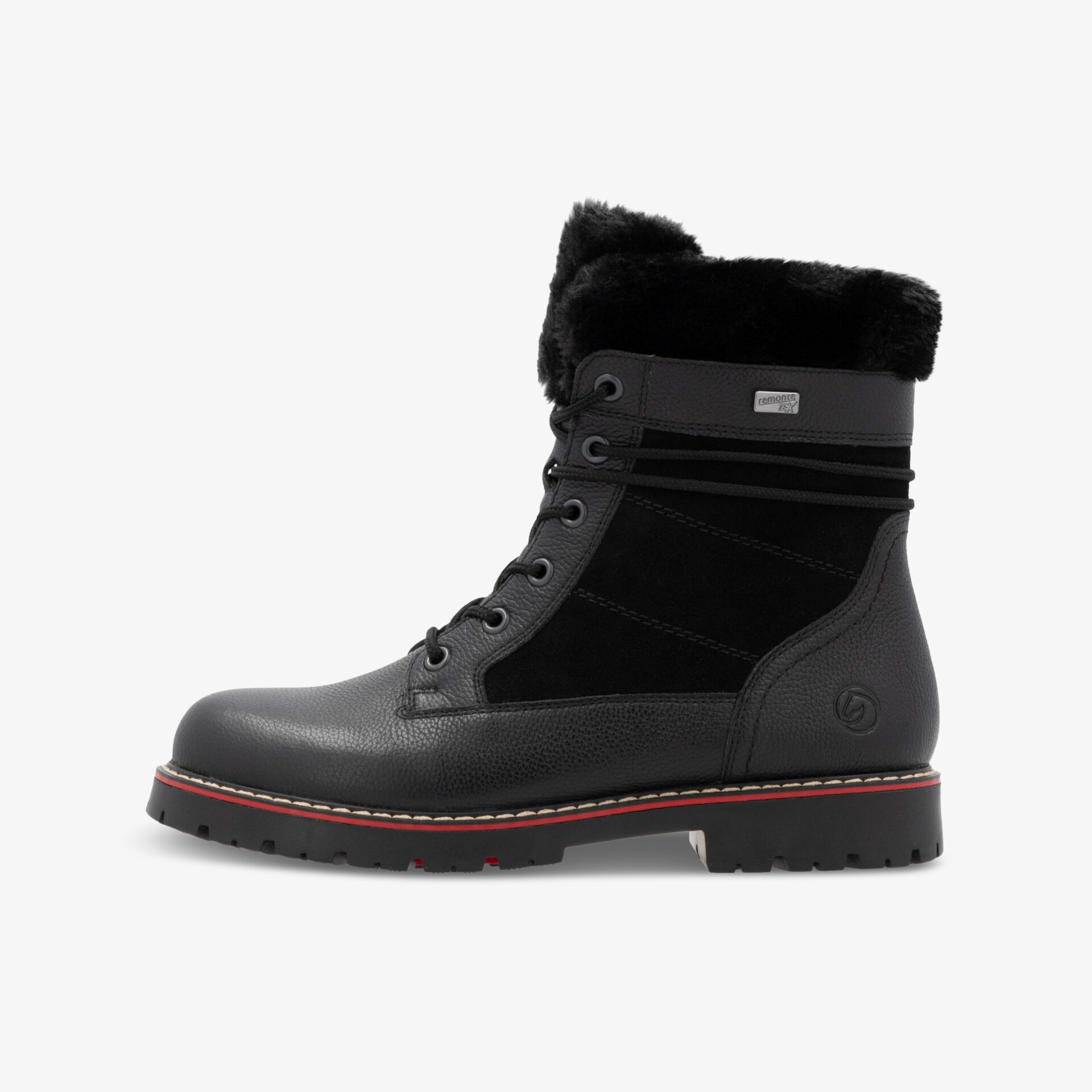 Schwarzer Winterstiefel mit warmem Fellfutter, robust und rutschfester Sohle, seitliche Ansicht