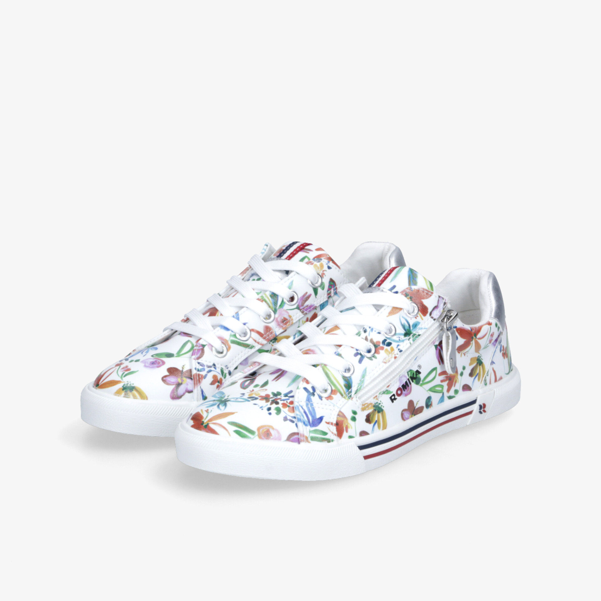 Weiße Sneaker mit buntem Blumenmuster, bequeme Passform und leichter, flexibler Sohle im Paar präsentiert