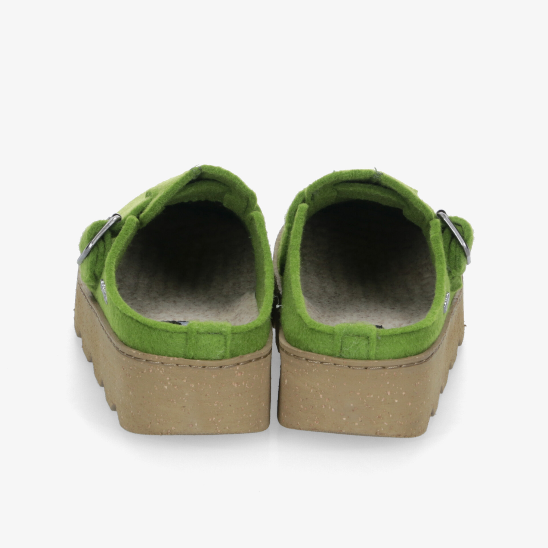 Grünes Paar Schuhe mit gepolstertem Innenfutter und robuster, rutschfester Sohle, Rückansicht