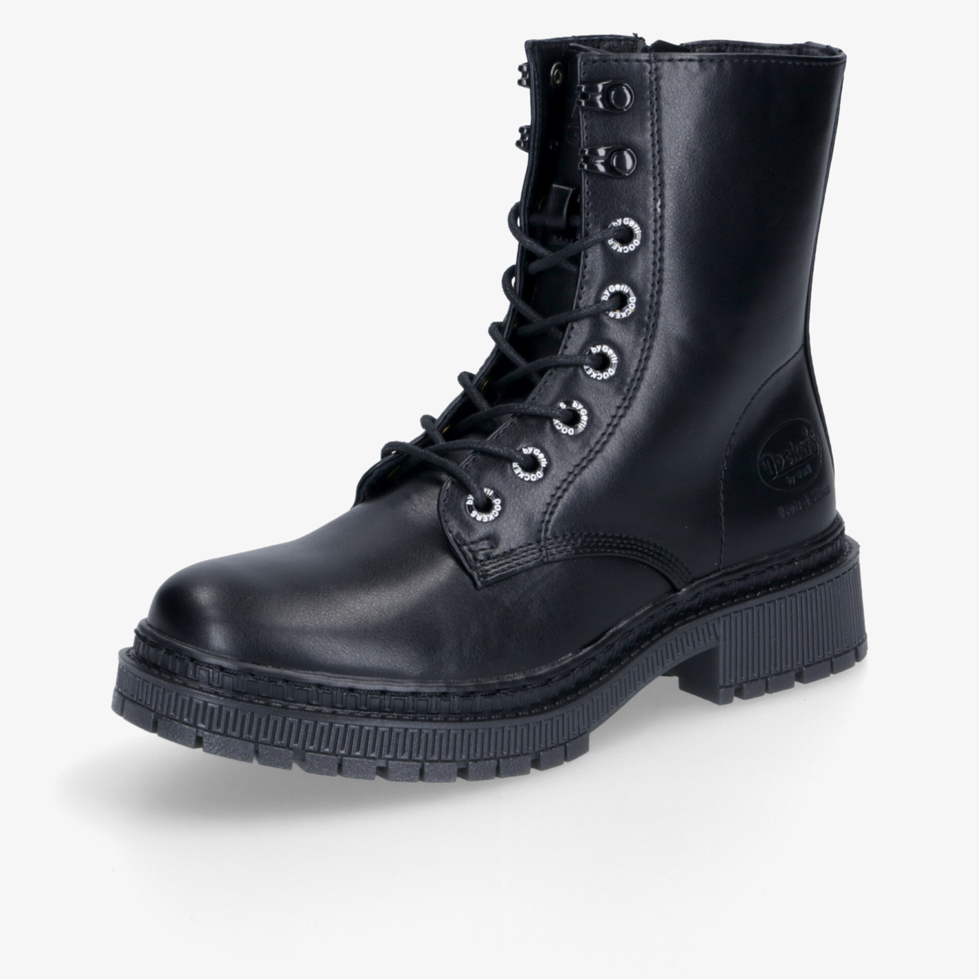 Robuster schwarzer Lederstiefel mit rutschfester Sohle und stabiler Schnürung in moderner 3/4 Ansicht.