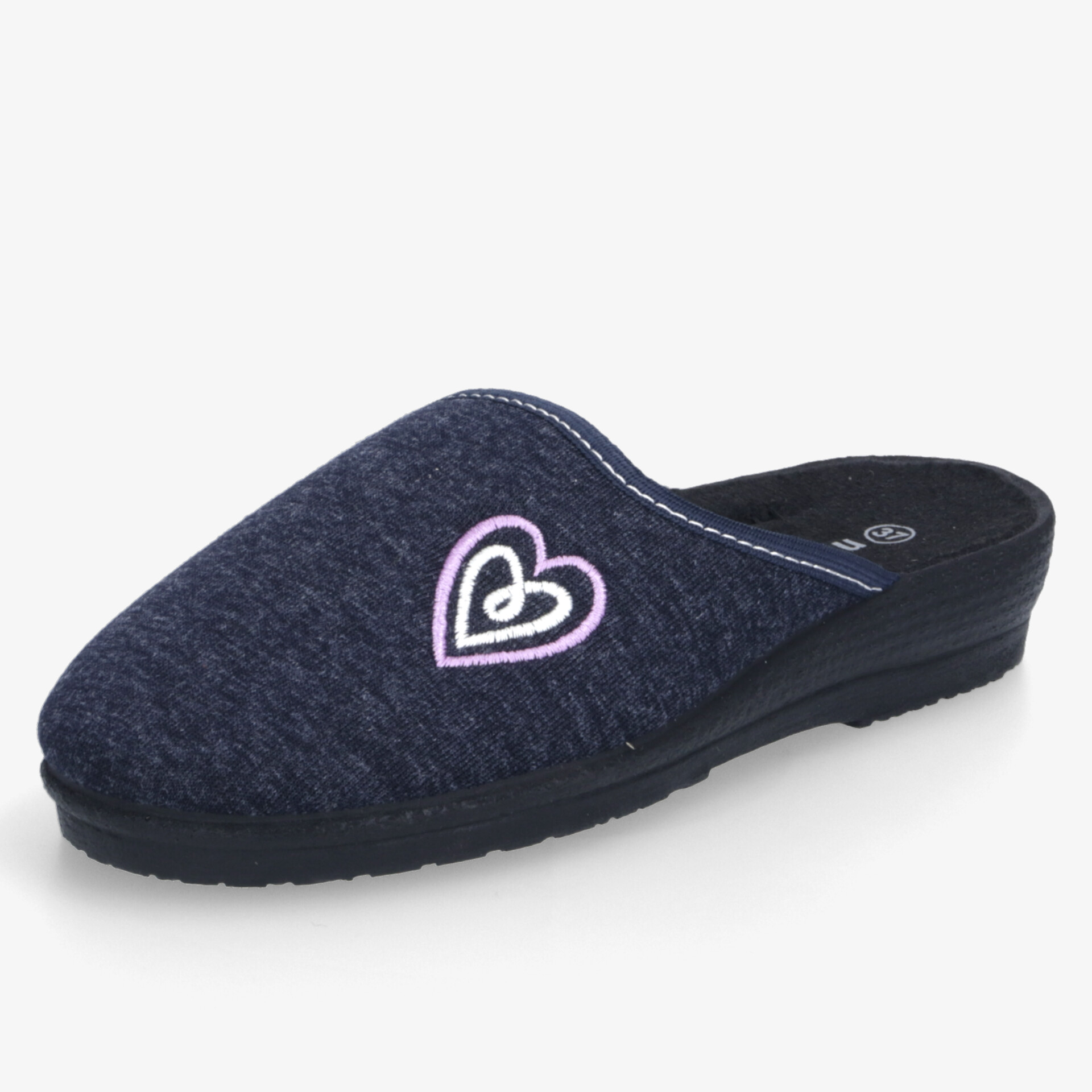 Bequemer dunkelblauer Pantoffel mit weichem Material und rutschfester Sohle, verziert mit einem Herzmotiv