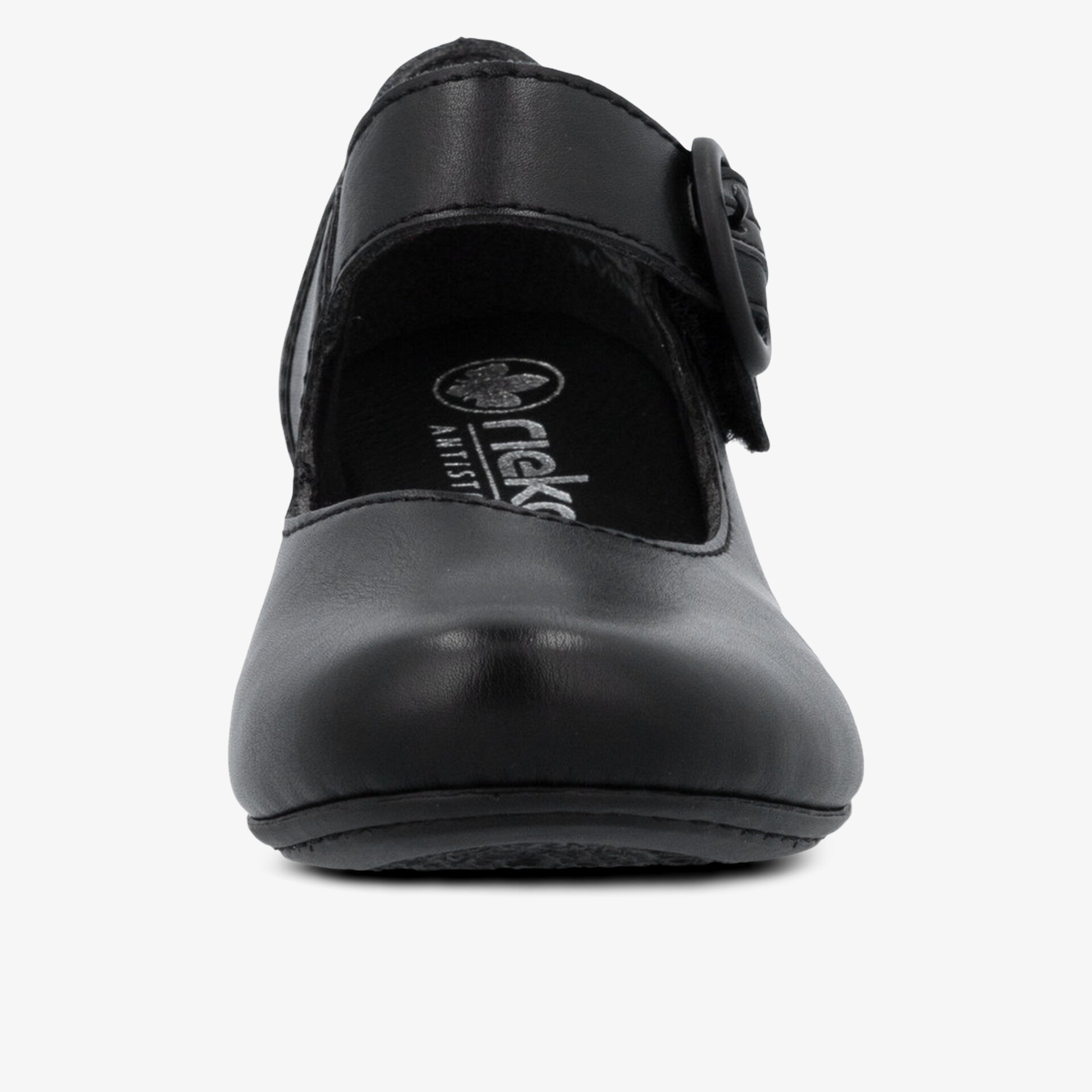 Frontansicht eines schwarzen, geschlossenen Lederschuhs mit verstellbarem Riemen für sicheren Halt
