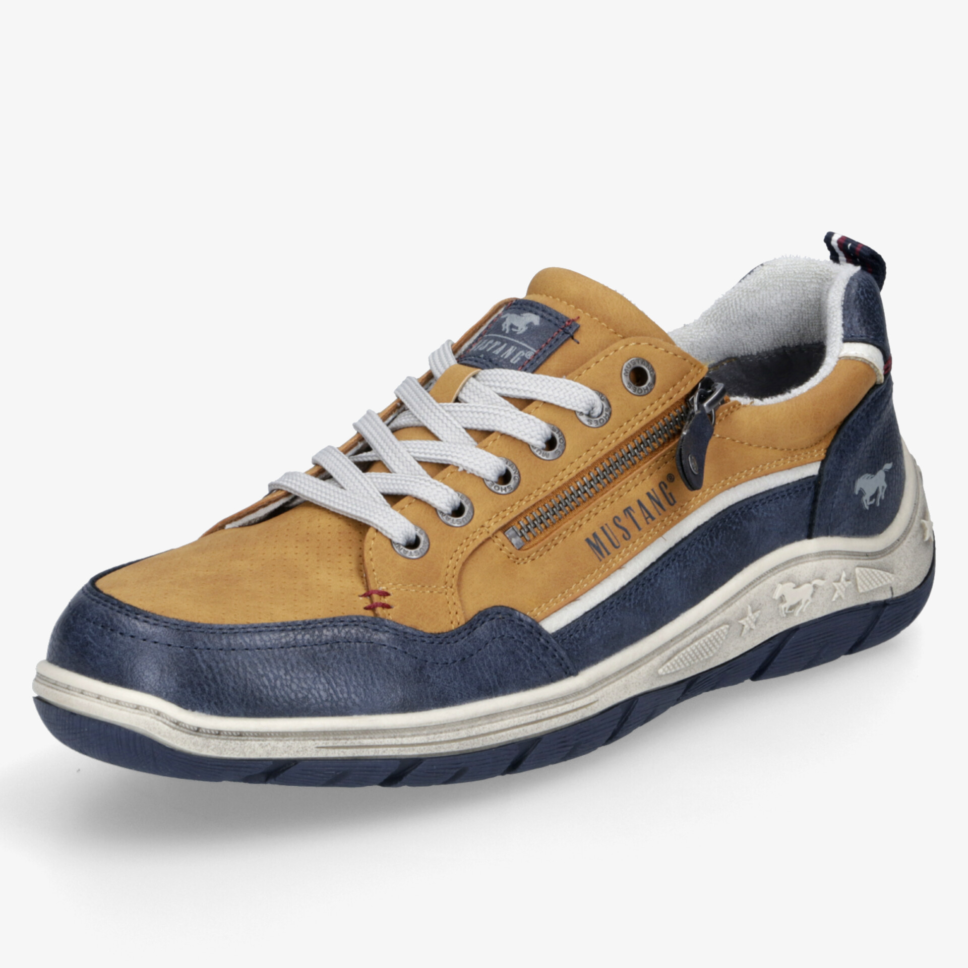 Sportlicher Freizeitschuh in Navy und Camel mit seitlichem Reißverschluss und rutschfester Sohle, leicht und bequem