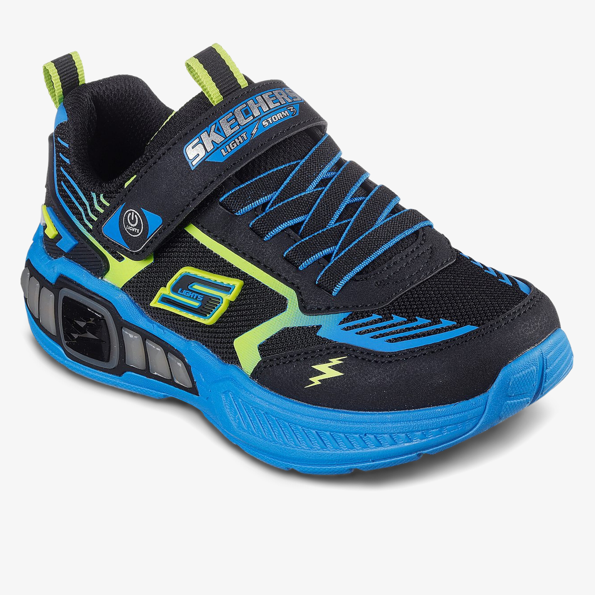 Trendiger, leuchtender Sneaker mit robuster Sohle und auffälligen blauen Details.