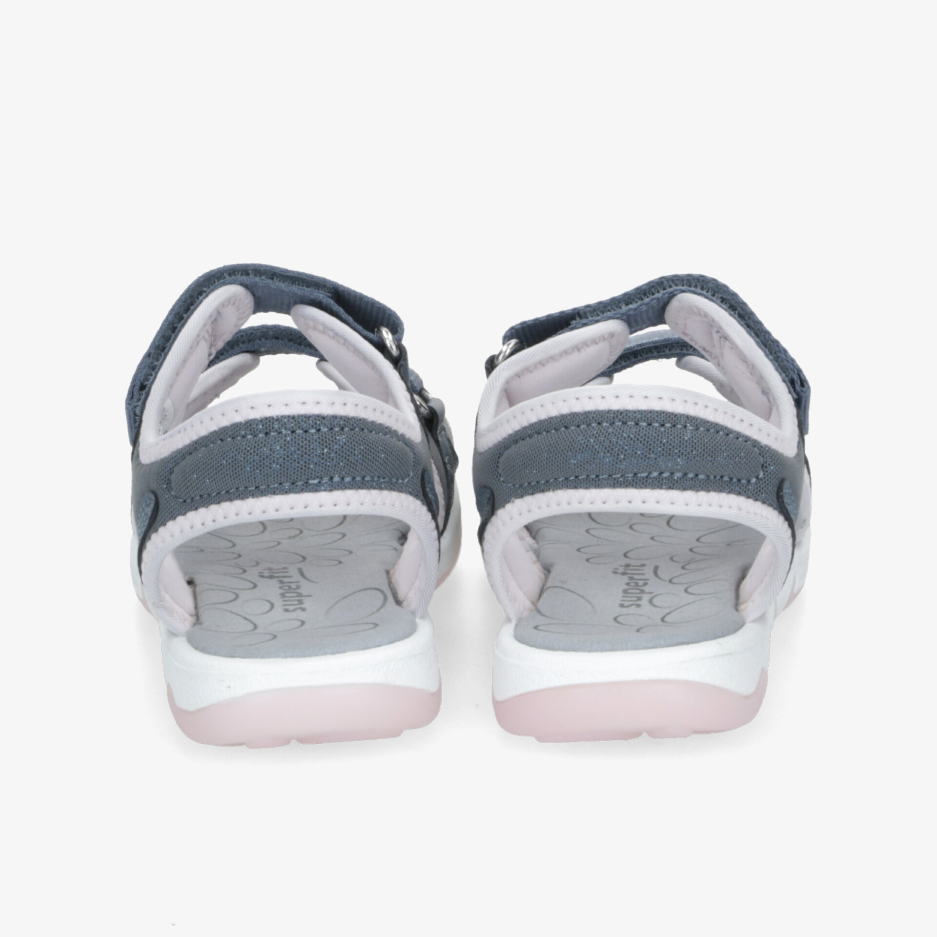 Rückansicht von dunkelgrauen offenen Sandalen mit verstellbaren Riemen und gepolsterter Innensohle