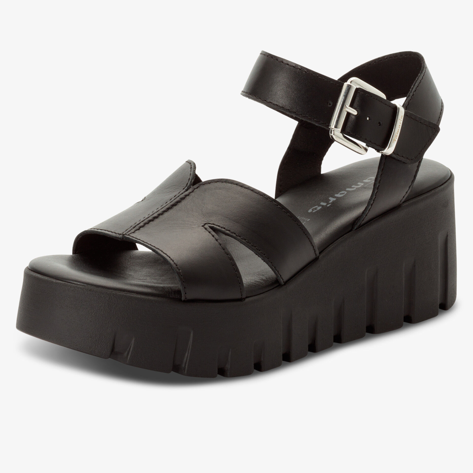 Schwarze Plateausandale aus Leder mit verstellbarem Riemen und robuster, profilierter Gummisohle für hohen Tragekomfort