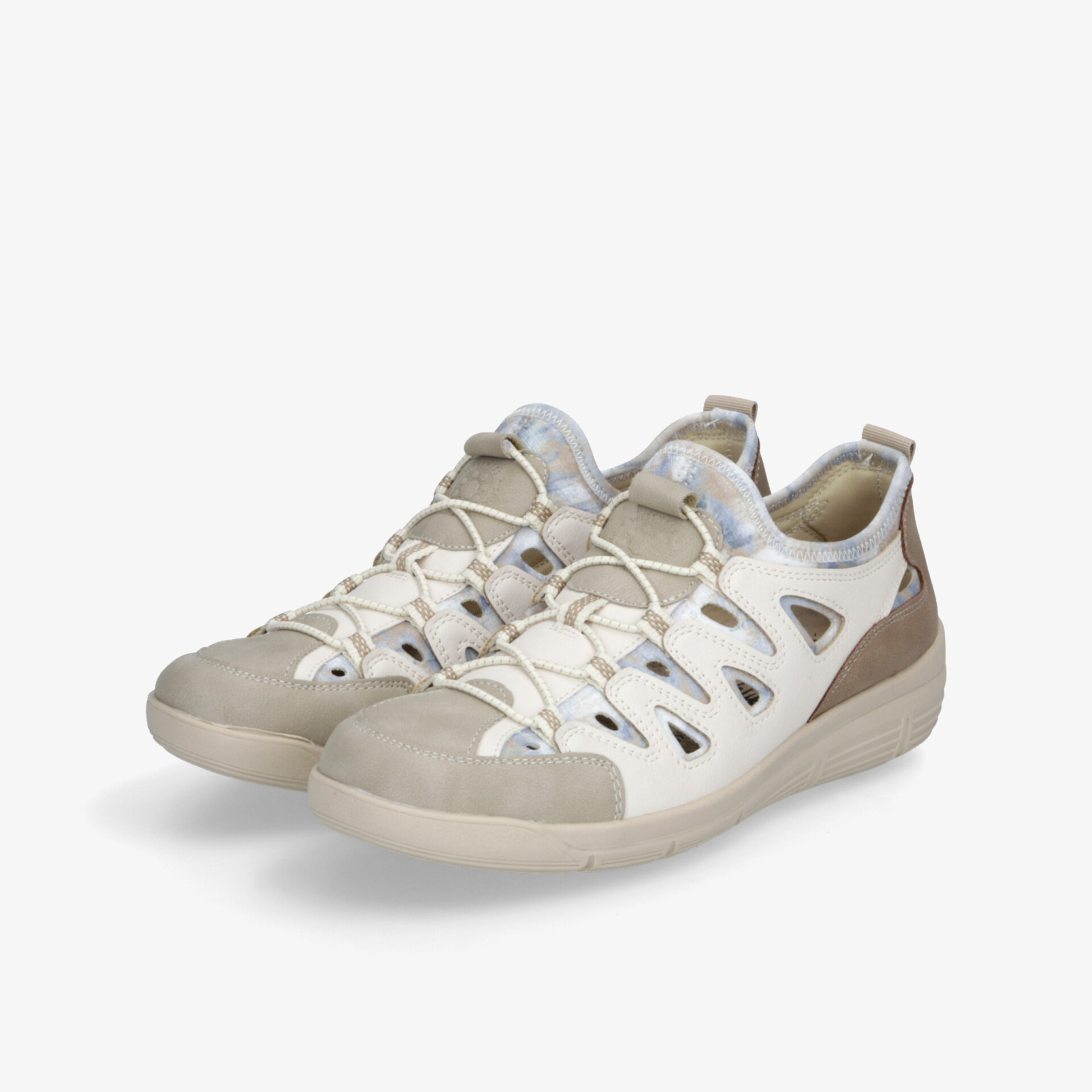 Leichte weiße Freizeitschuhe mit beige Akzenten und flexibler, bequemer Sohle im Paar