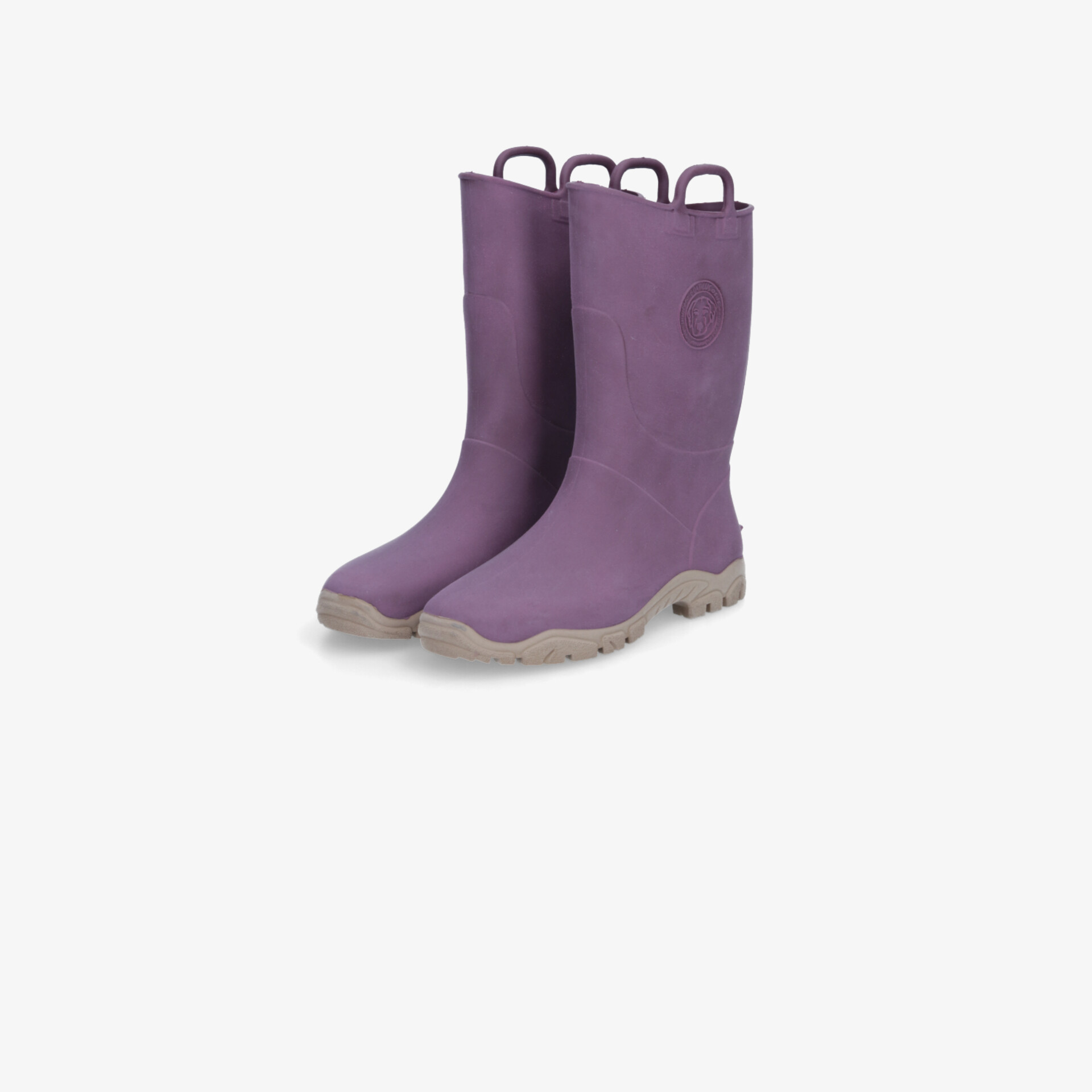 Paar lila Gummistiefel mit rutschfester grauer Sohle und praktischem Einstieg, ideal für nasse Umgebungen