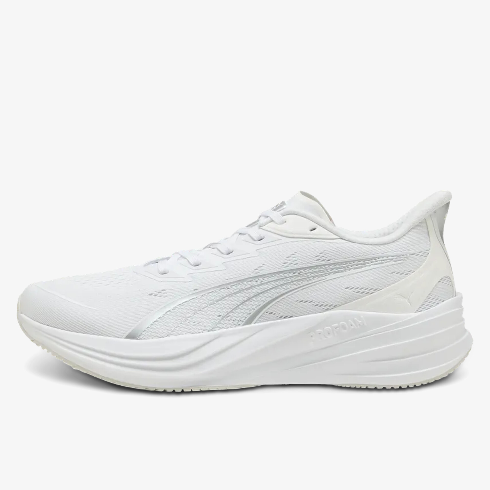 Leichter Laufschuh in weiß mit atmungsaktivem Material und moderner, bequemer Passform, seitliche Ansicht