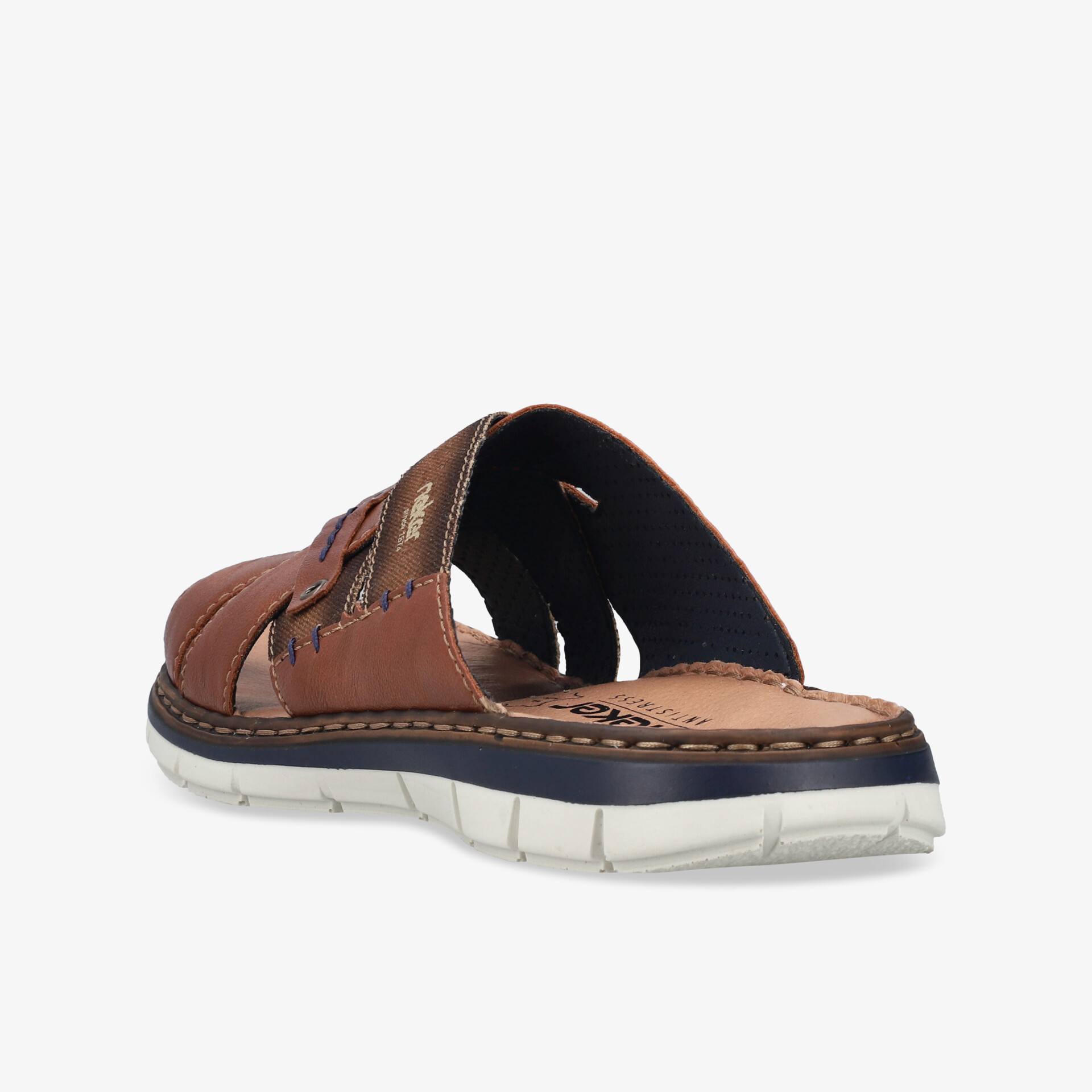 Bequemer brauner Lederschuh mit offenem Design, Riemenverschluss und sportlicher, leichter Sohle seitlich sichtbar