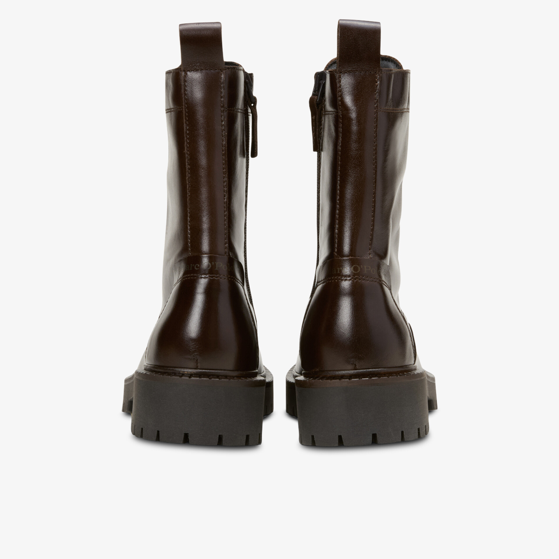 Braune Lederstiefel mit robustem Blockabsatz und seitlichem Reißverschluss, Rückansicht
