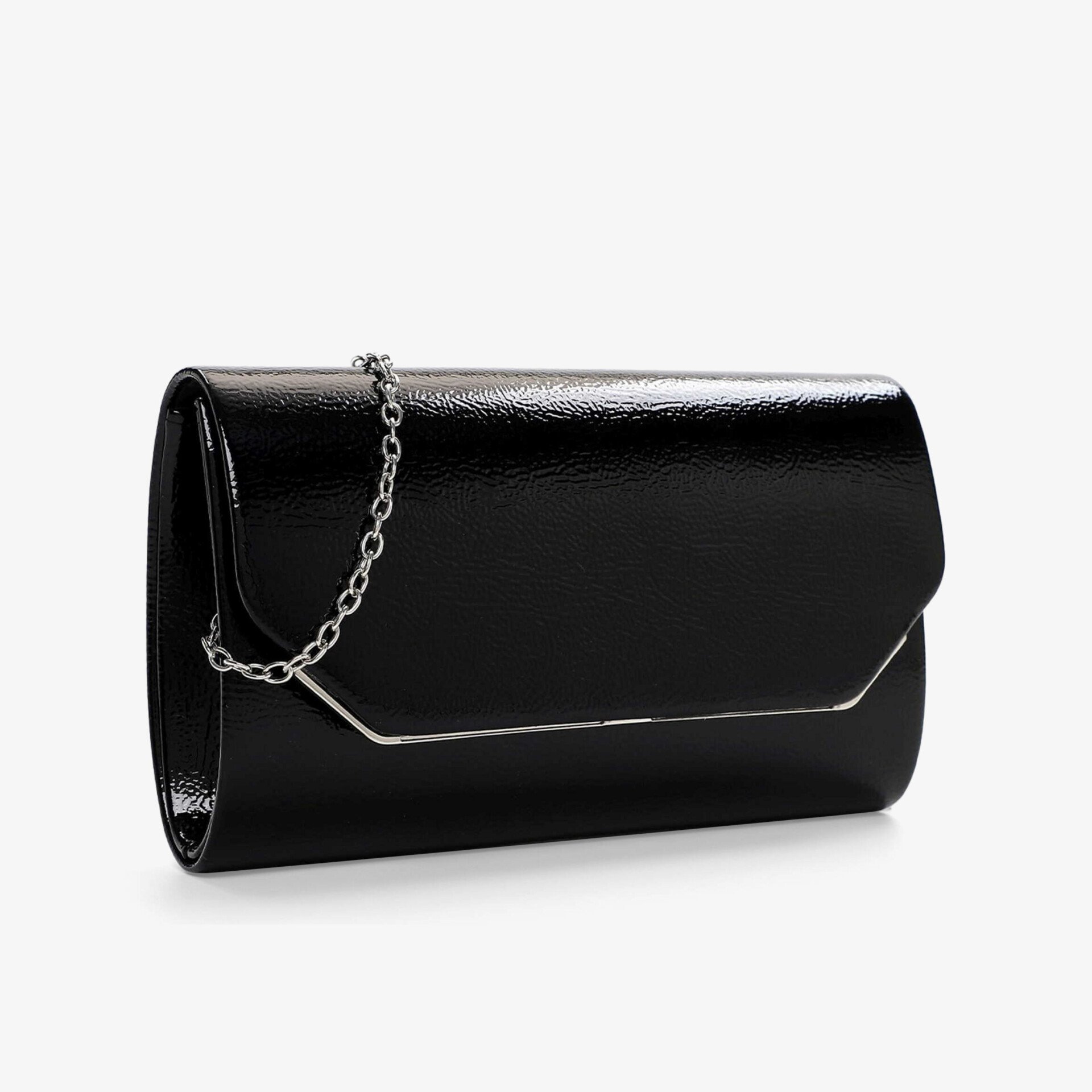 Schwarze elegante Clutch mit glänzender Oberfläche und feiner Metallkette, kompakt und hochwertig gestaltet
