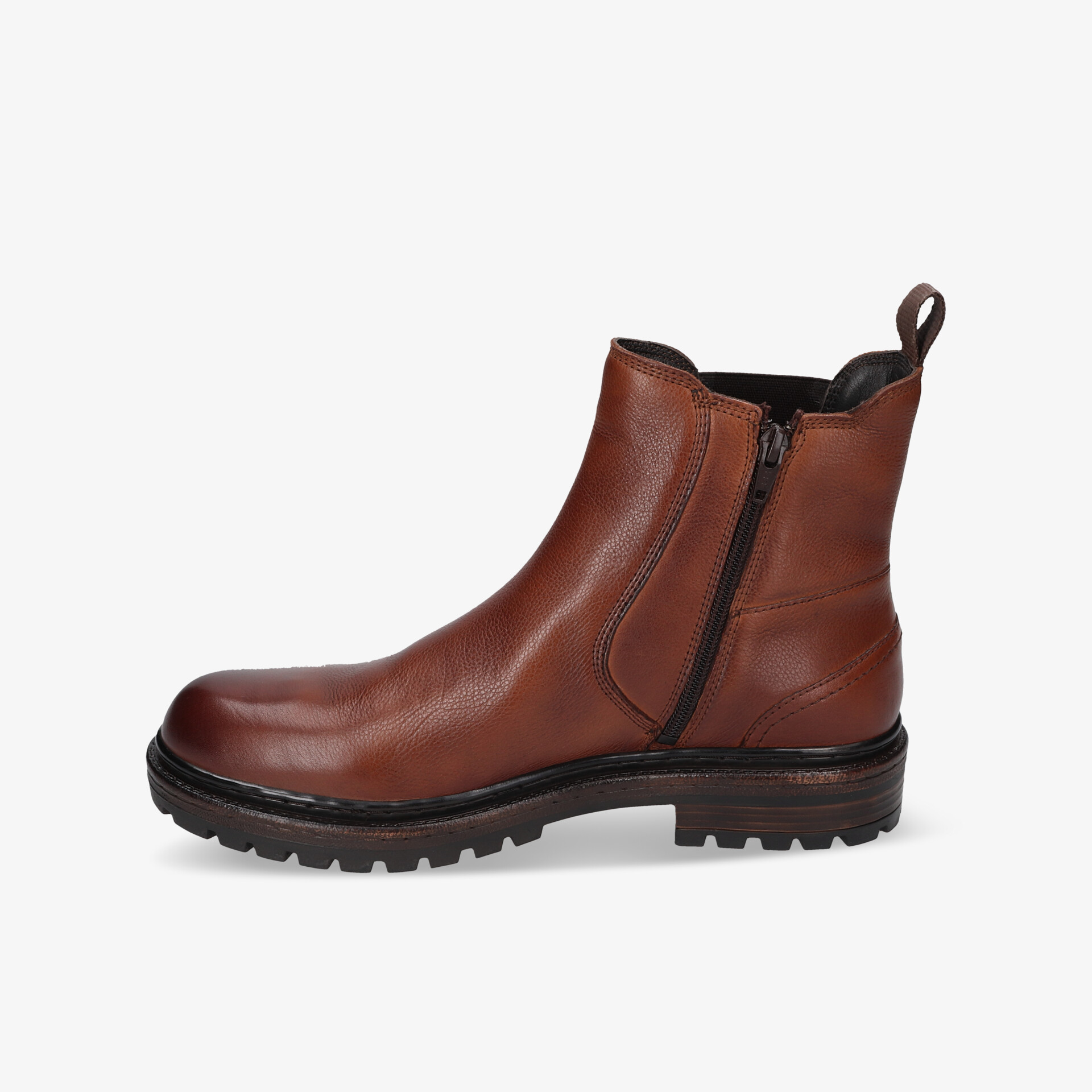 Robuster brauner Lederschuh mit praktischem Reißverschluss und profilierter, rutschfester Sohle, komfortabel und langlebig
