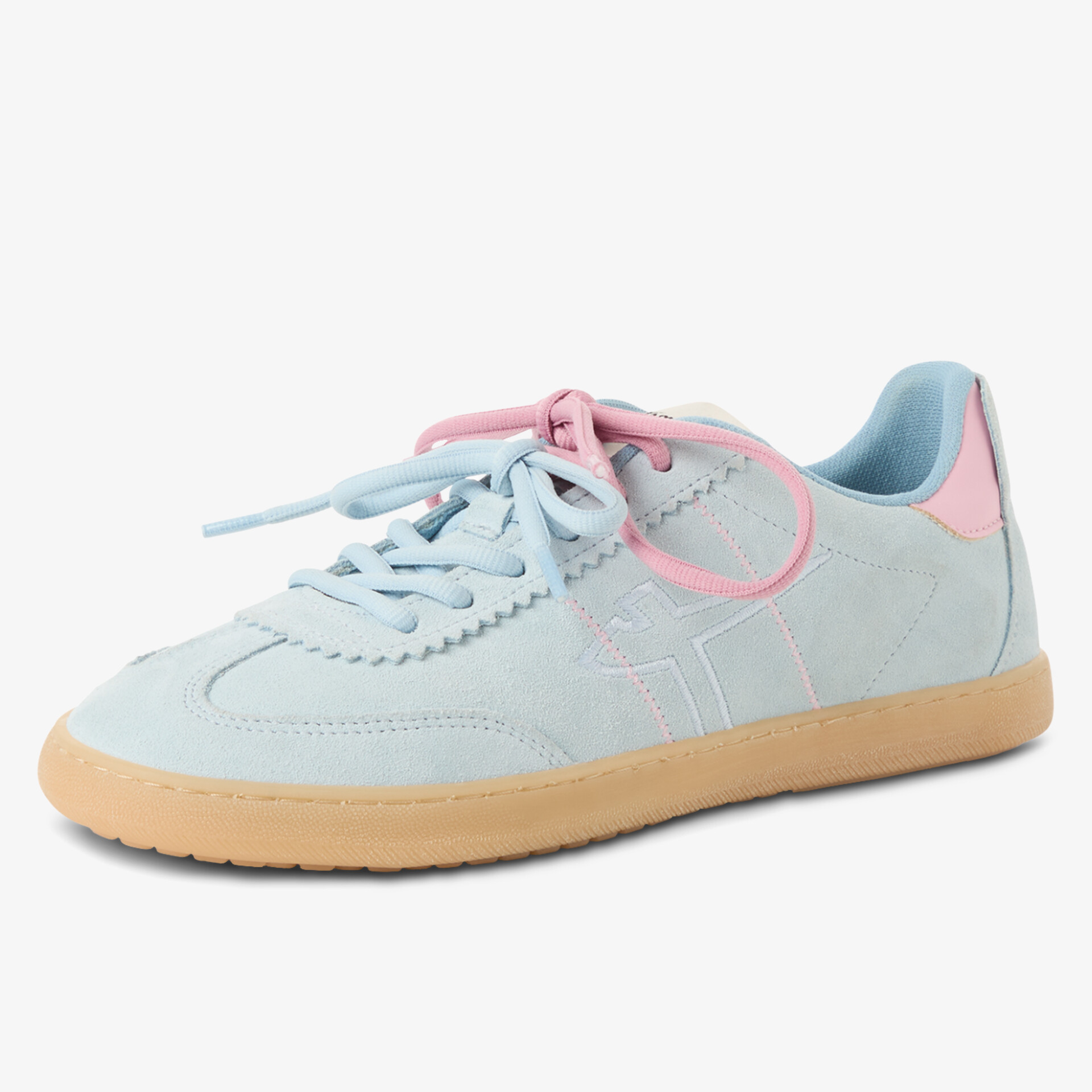 Leichter Sneaker in pastellblau mit rosa Akzenten und flexibler, hellbrauner Sohle, ideal für den Alltag