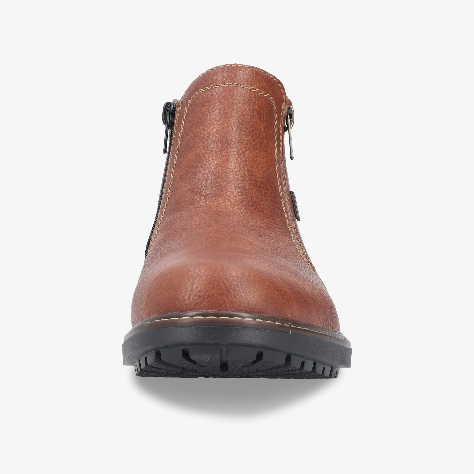 Robuster brauner Stiefel mit seitlichem Reißverschluss und profilierter Gummisohle, Frontansicht