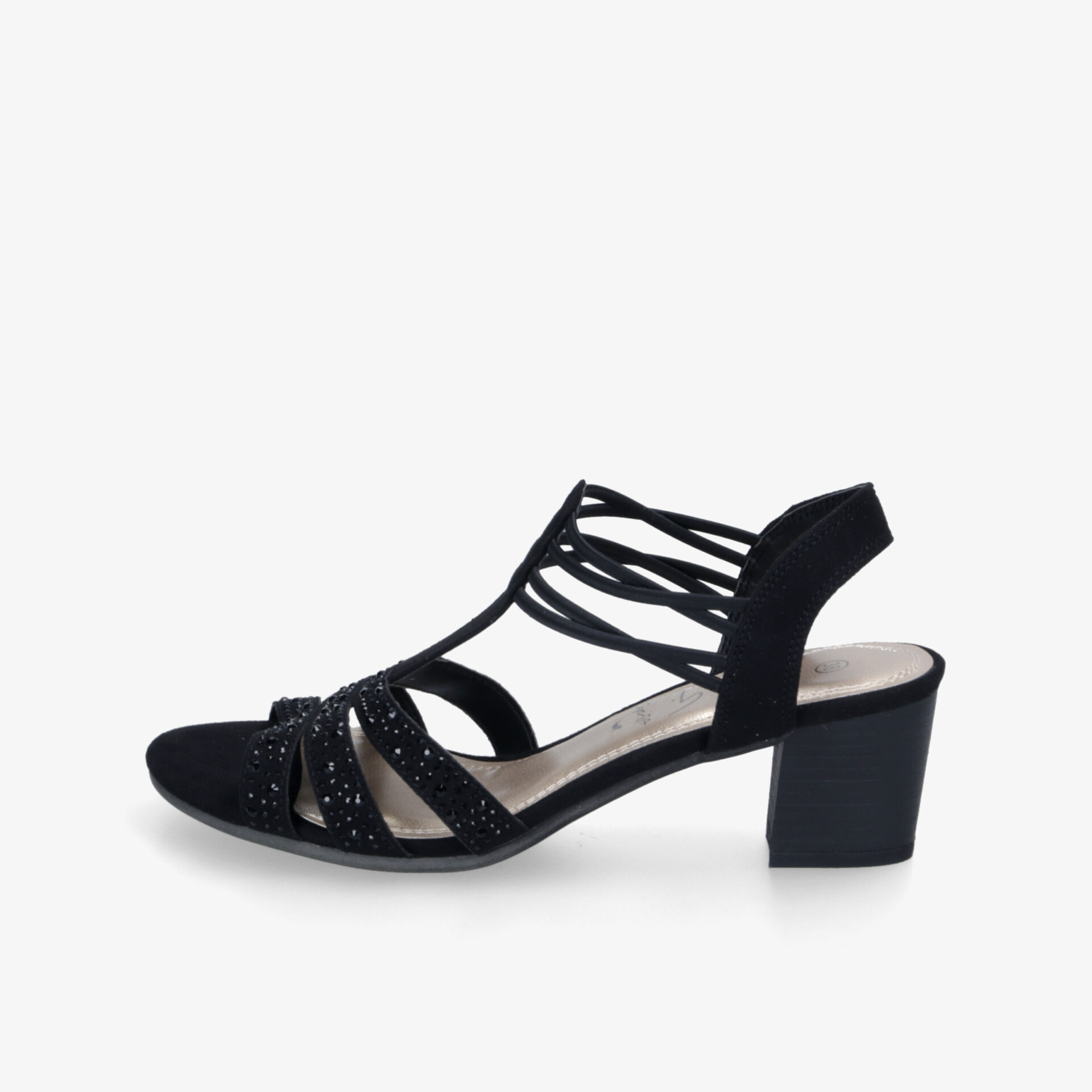 Schwarze Sandaletten mit Blockabsatz und verstellbaren Riemen, seitliche Ansicht, eleganter und bequemer Schuh