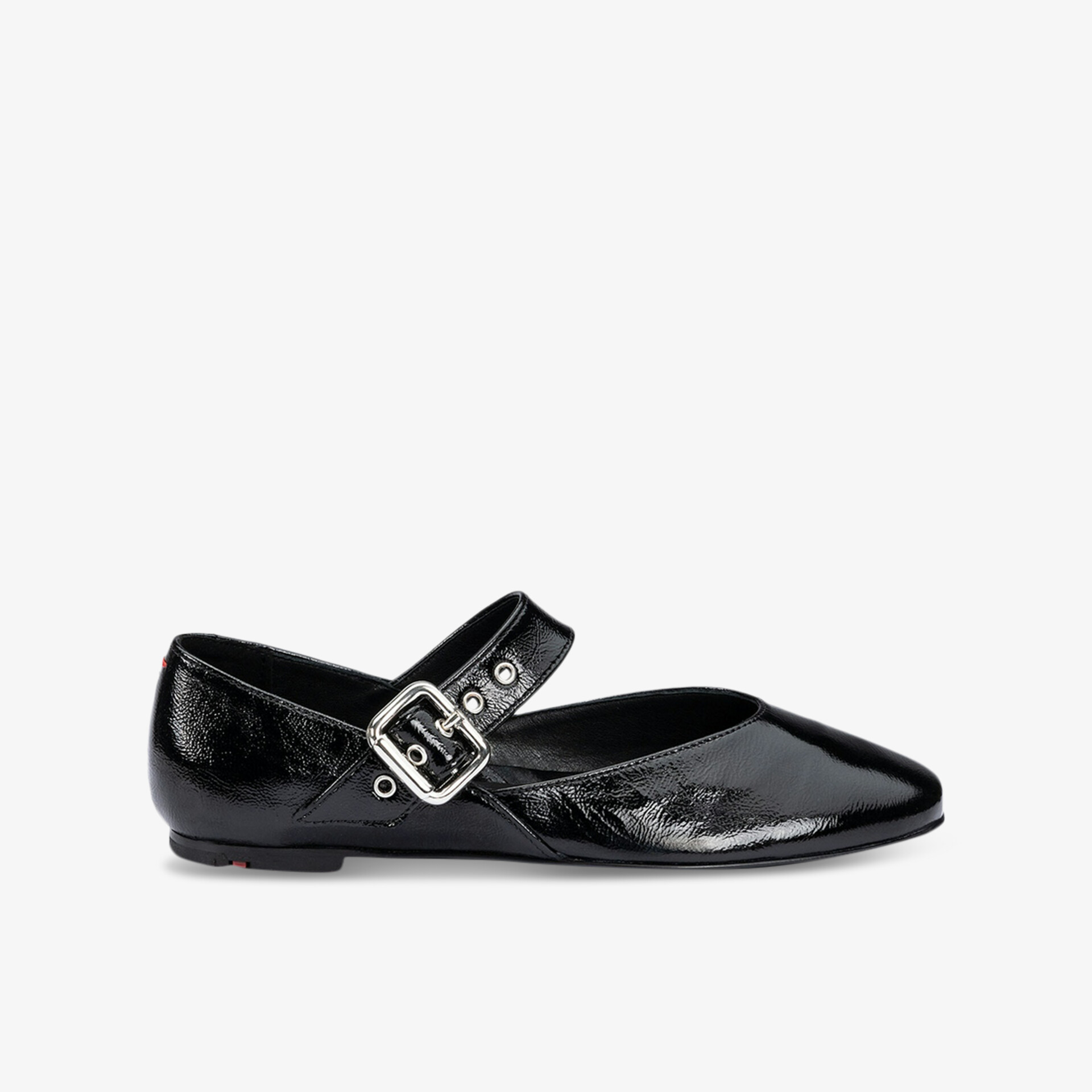 Eleganter schwarzer Mary Jane Schuh aus glänzendem Lackleder mit spitzem Zehenbereich und verstellbarem Riemen