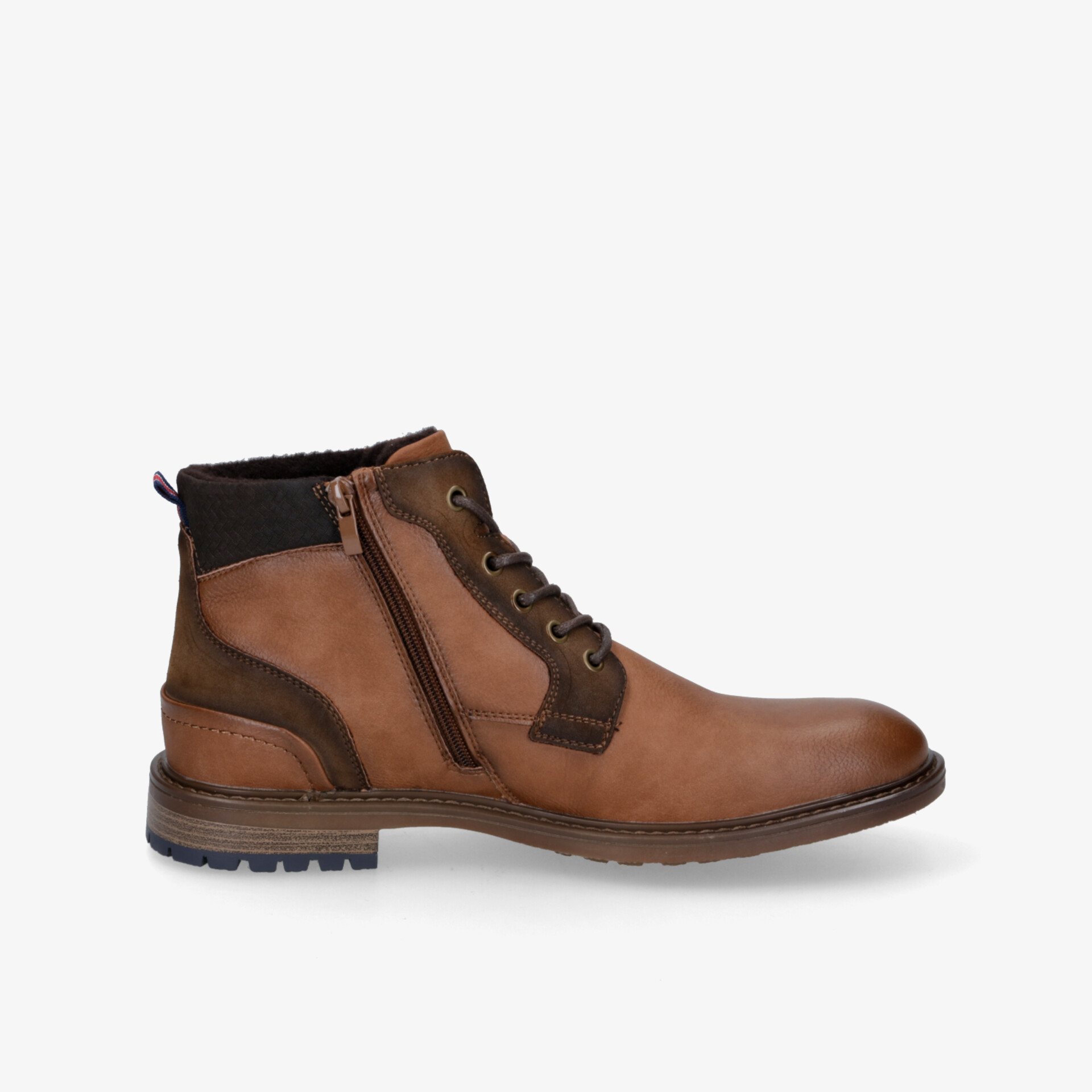 Eleganter brauner Lederstiefel mit Reißverschluss und Schnürung, komfortabel und robust mit Profilsohle