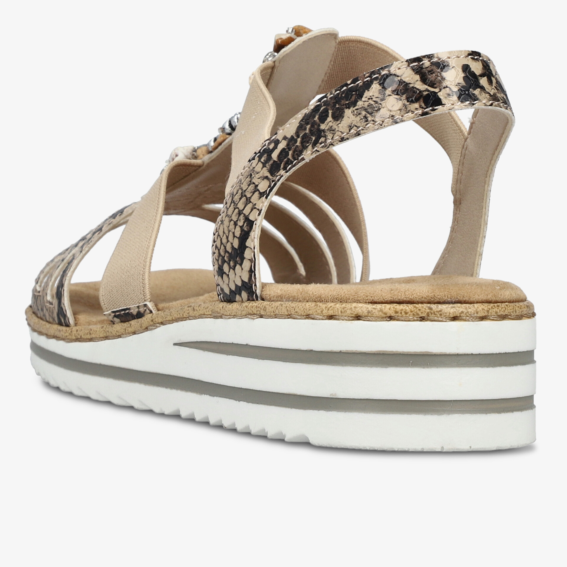 Seitliche Ansicht einer modischen Riemchensandale mit Keilabsatz und Animalprint, komfortabel und leicht