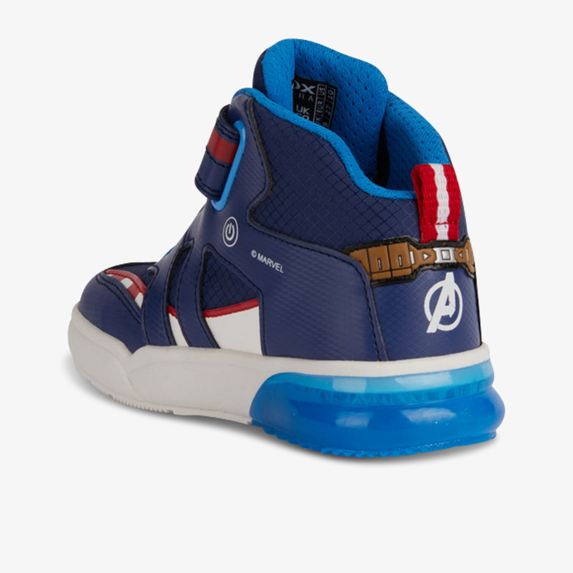 Stylischer Sneaker mit Avenger-Design, blau-weiß, bequeme Gepolsterung, perfekte Passform für täglichen Komfort.