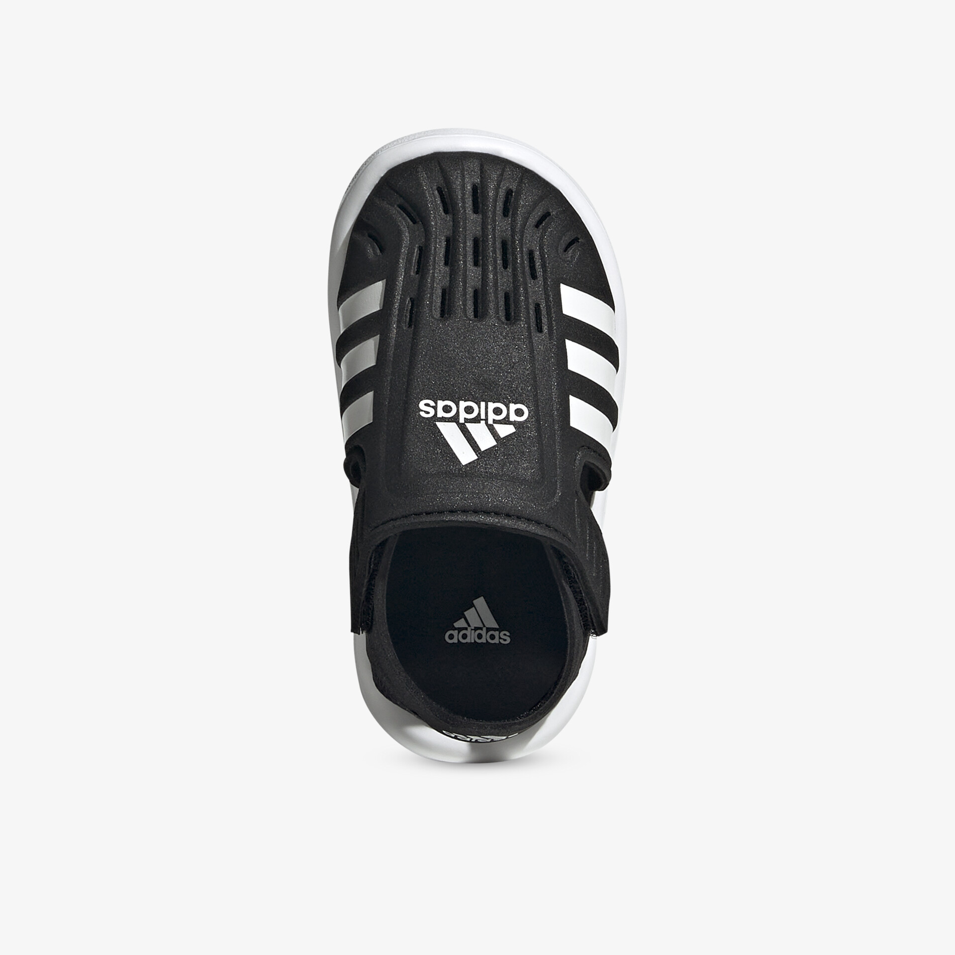 Schwarzer adidas Schuh mit weißen Streifen und Logo, atmungsaktives Material, leichter Einstieg