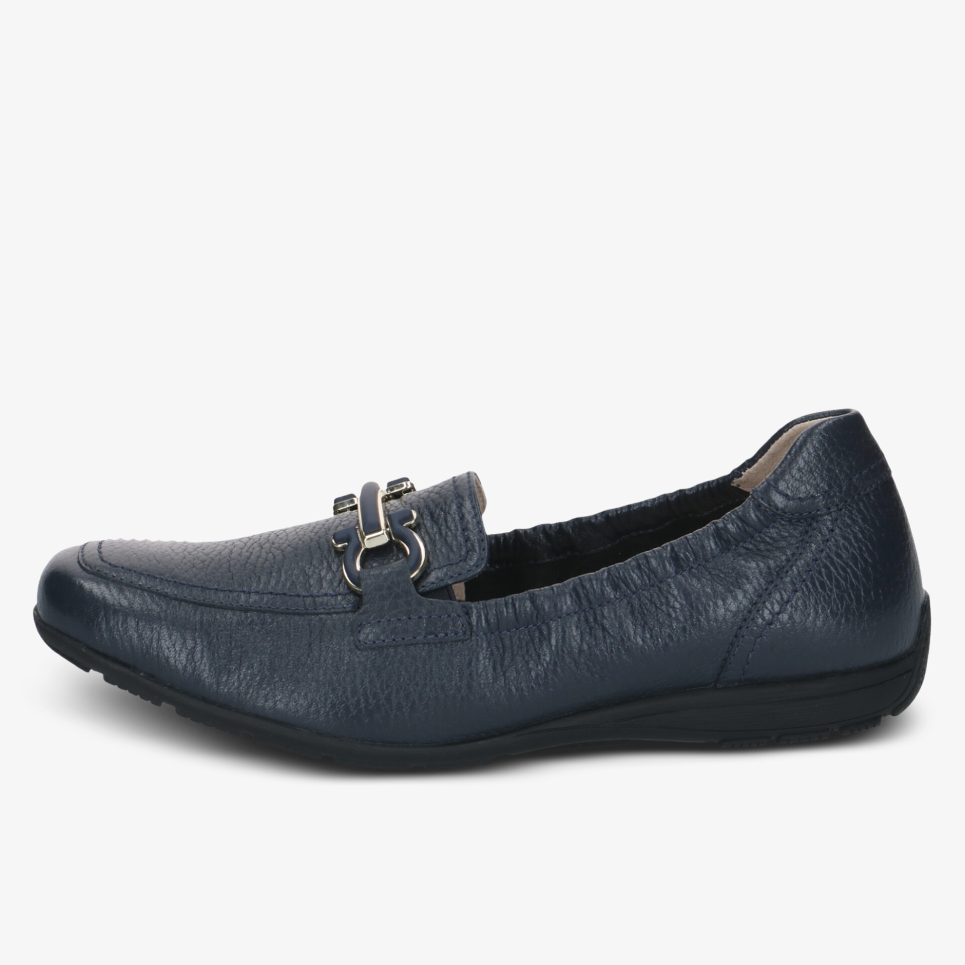 Eleganter dunkelblauer Loafer aus weichem Leder mit dezenter Metallverzierung und komfortabler Sohle