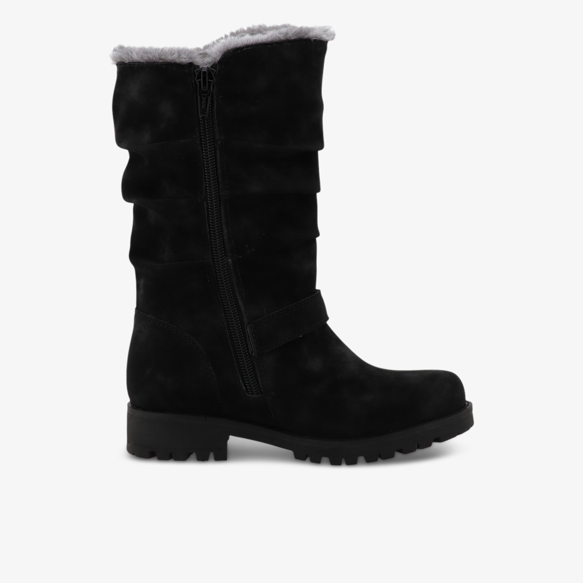 Schwarzer Winterstiefel aus weichem Wildleder mit warmem Futter und robuster rutschfester Sohle in seitlicher Ansicht