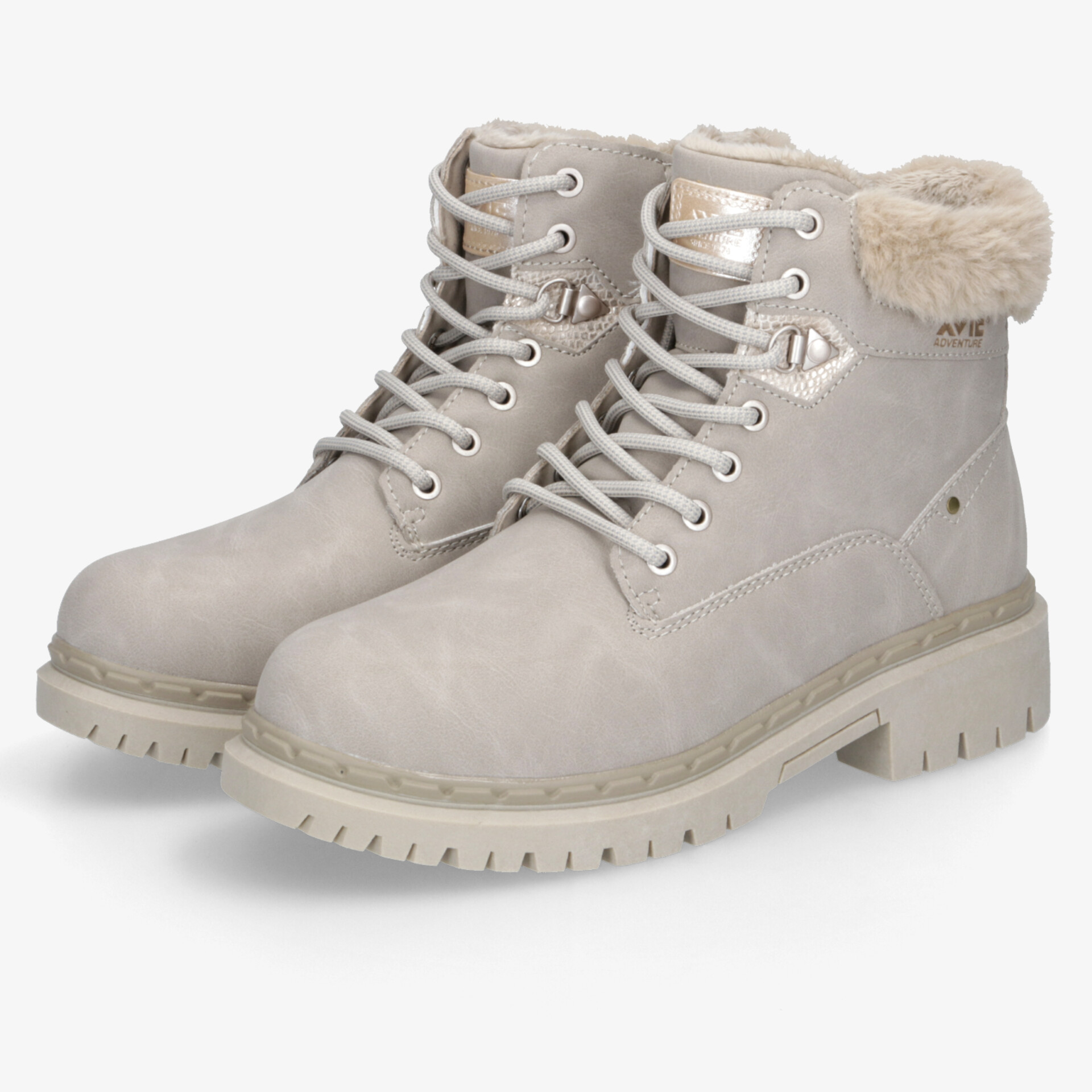 Warme und bequeme Winterstiefeletten mit robustem Material und rutschfester Sohle in hellem Grau, Paaransicht.