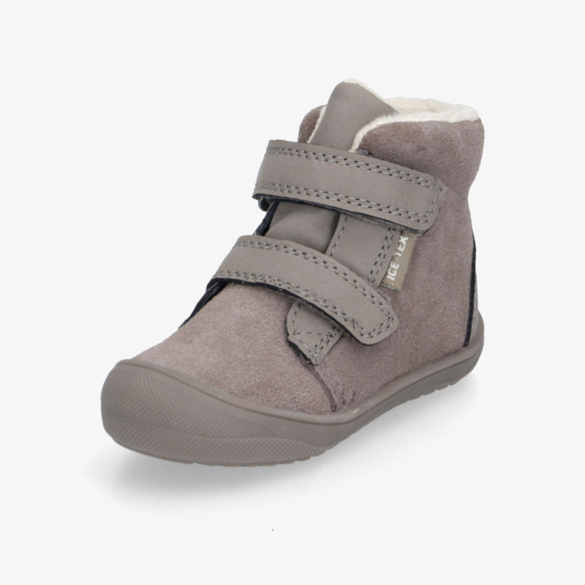 Grauer Kinderschuh mit weichem Futter und zwei Klettverschlüssen für einfachen Halt und Komfort