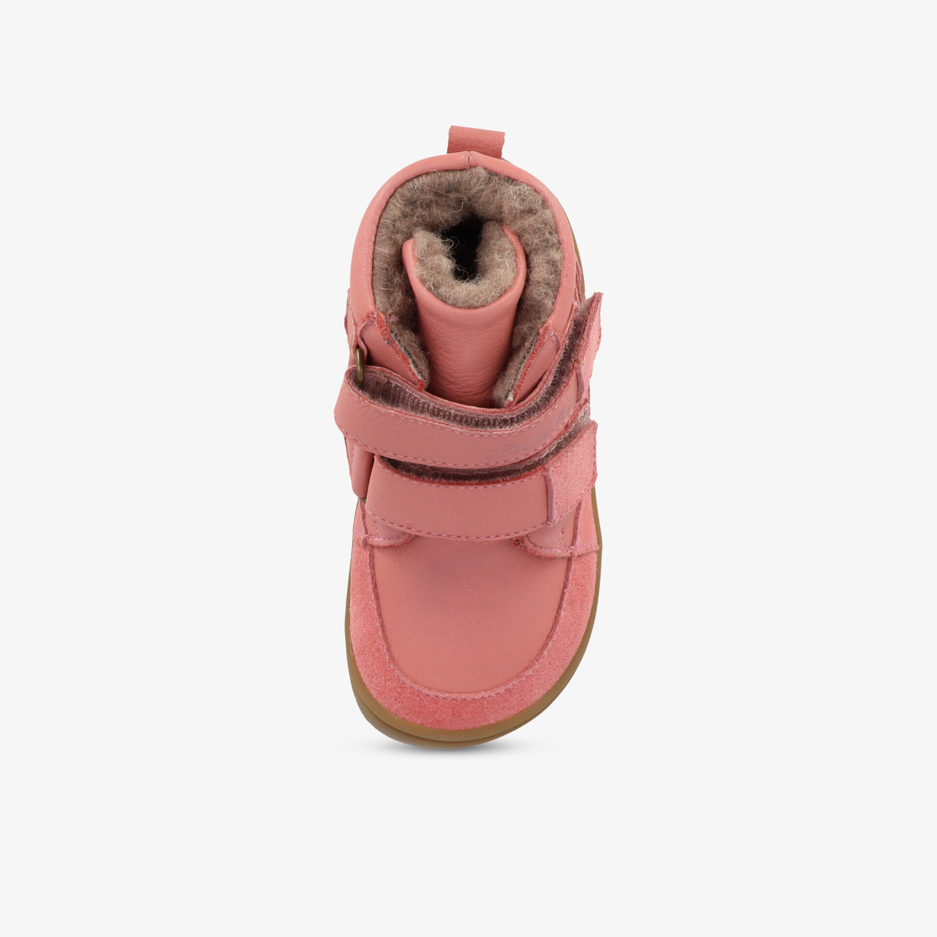 warmes rosa schuhmodell von oben mit gepolstertem kragen und stabilem klettverschluss für hohen tragekomfort