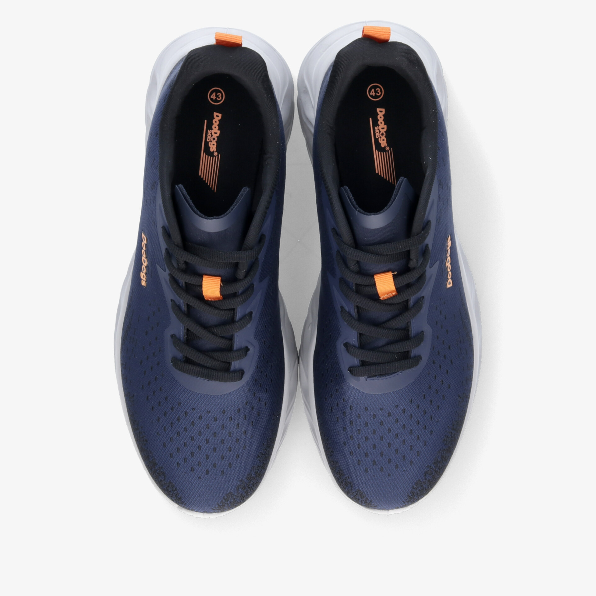 Top-Down Ansicht bequemer, atmungsaktiver Sportschuhe mit leichter Polsterung und flexibler Sohle in Blau