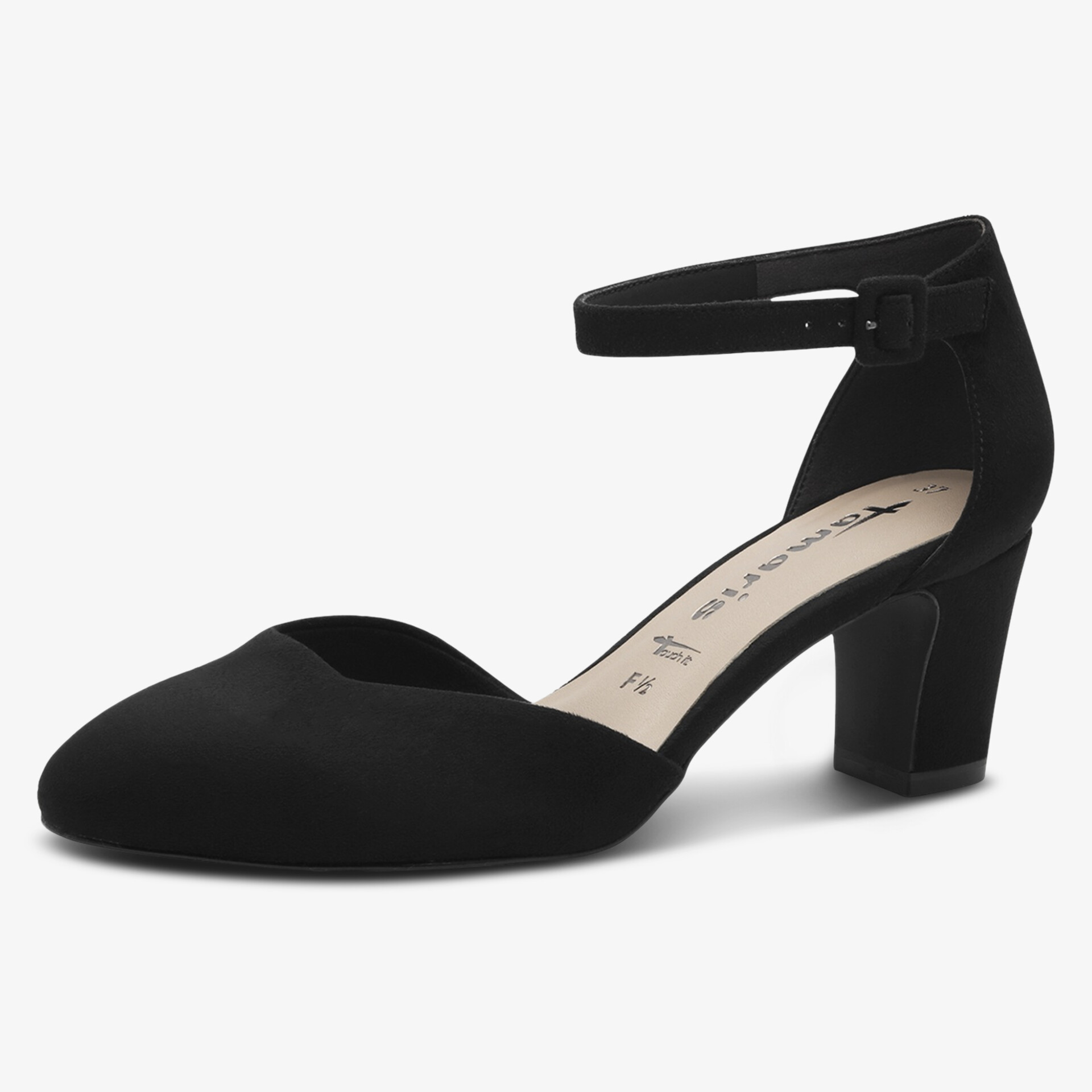 Eleganter schwarzer Pumps mit verstellbarem Knöchelriemen und komfortablem Blockabsatz, klassische geschlossene Vorderkappe