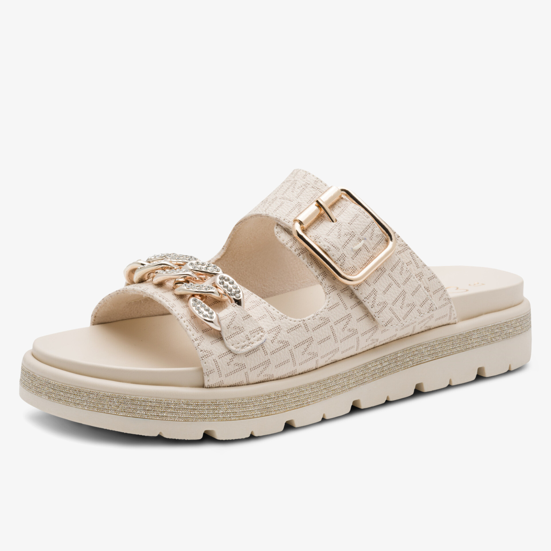 Bequeme Sandalen mit Schnalle und Kettendetail auf Plateau-Sohle in Beige