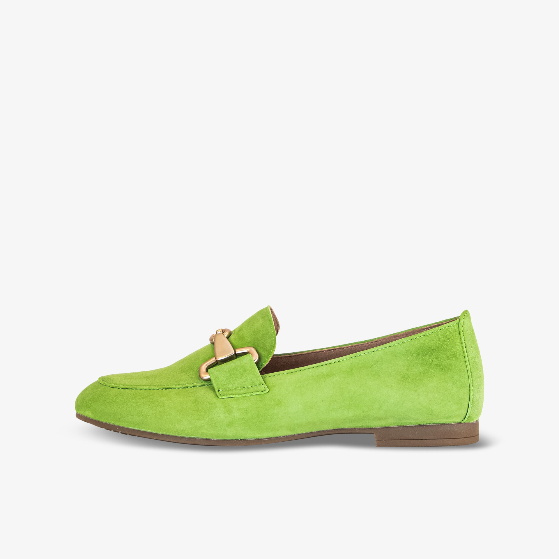 Eleganter grüner Wildleder-Loafer mit goldener Schnalle für stilvolles Auftreten und hohen Komfort.