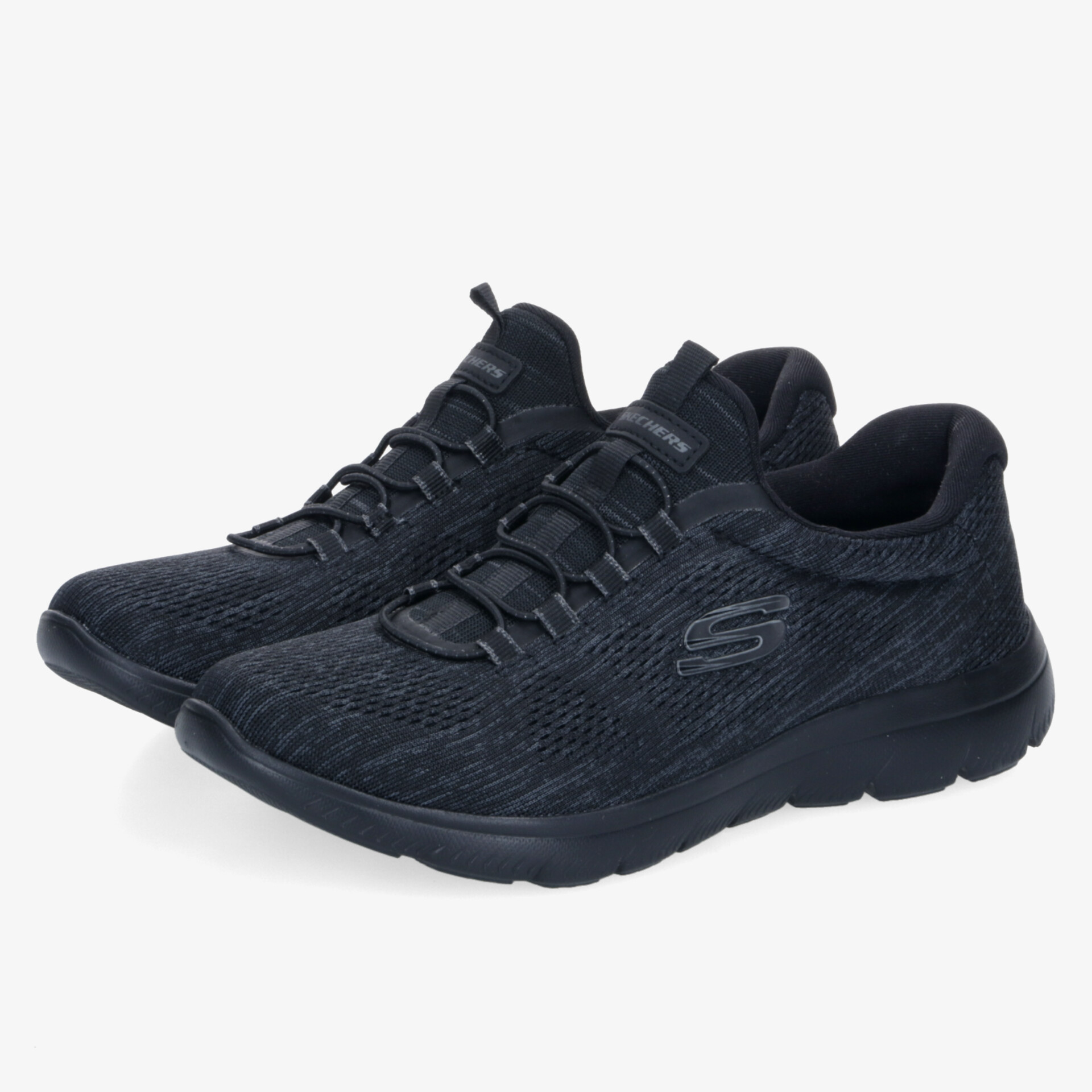 Schwarze, bequeme und sportliche Schuhe mit flexibler, atmungsaktiver Konstruktion und rutschfester Sohle.