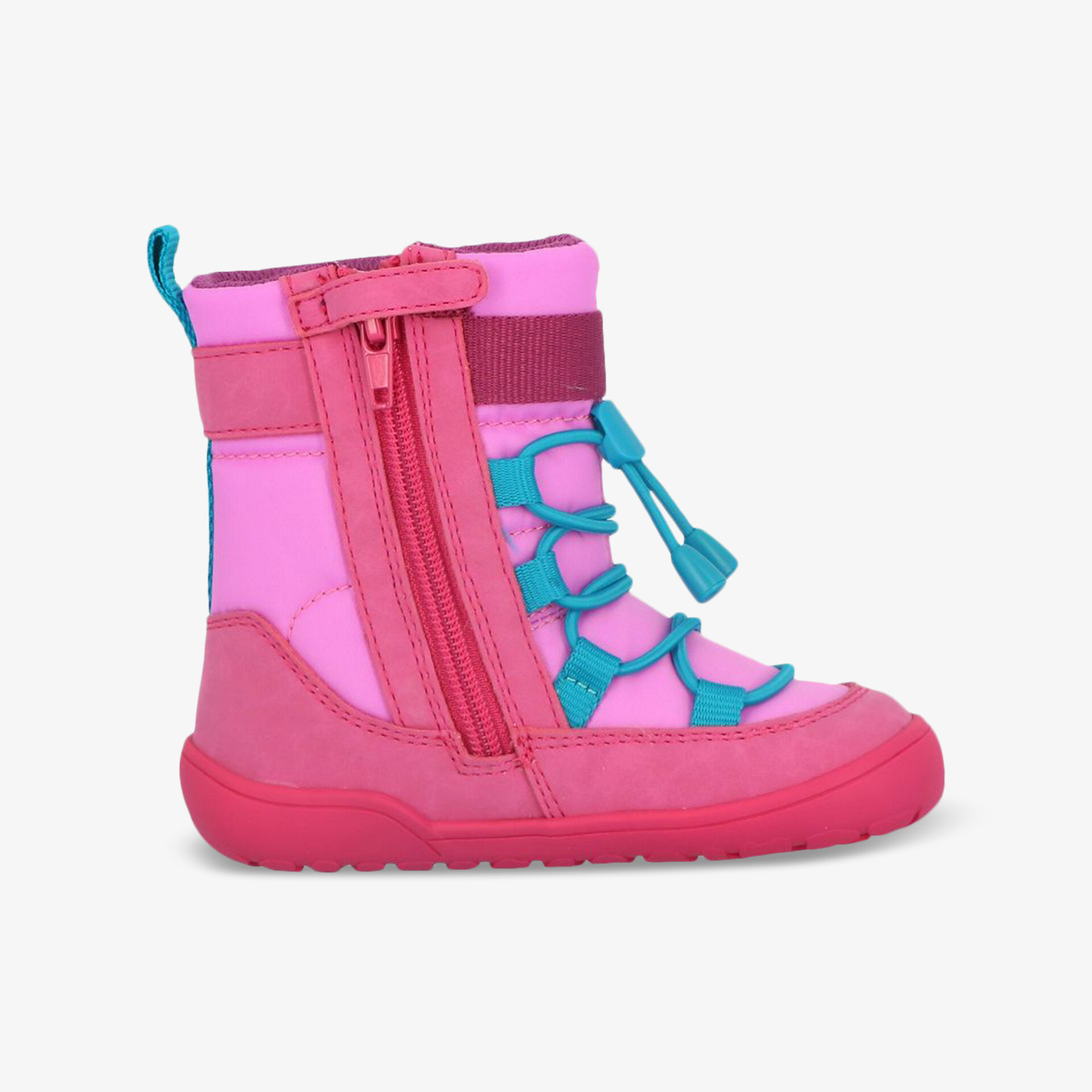 Seitlicher Blick auf robusten pink-blauen Kinderschuh mit Reißverschluss und Schnürung für sicheren Halt