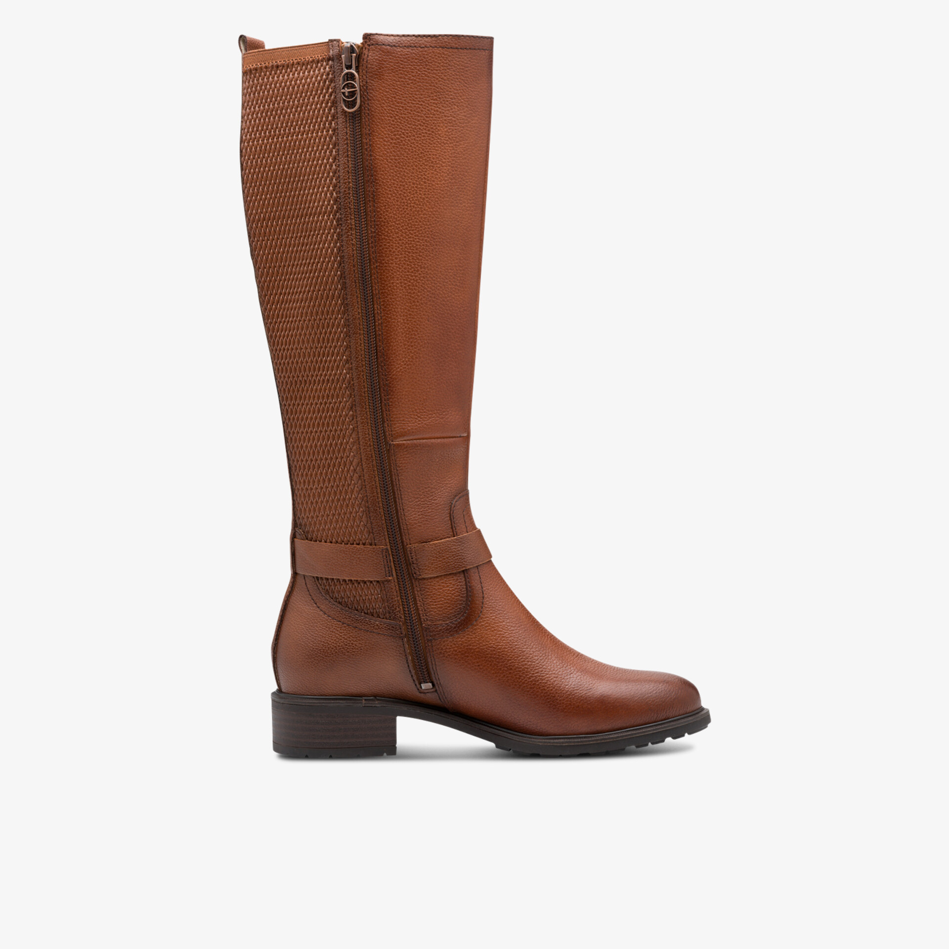 Seitenansicht brauner kniehoher Stiefel aus hochwertigem Leder mit Reißverschluss und robustem Absatz