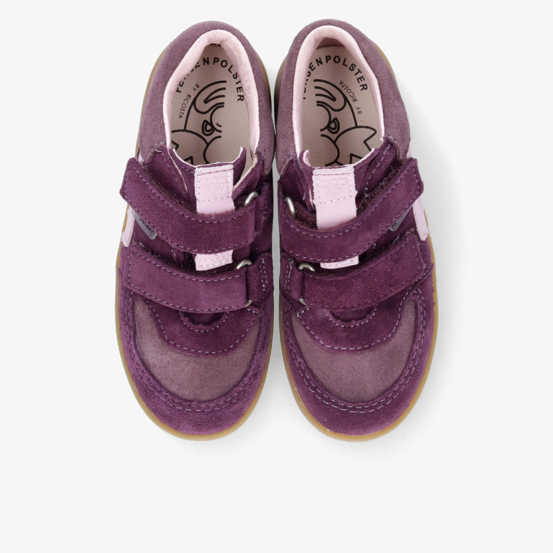 Violettes Paar Sportschuhe mit stabilen Klettverschlüssen, gepolstert und rutschfester Sohle in Draufsicht