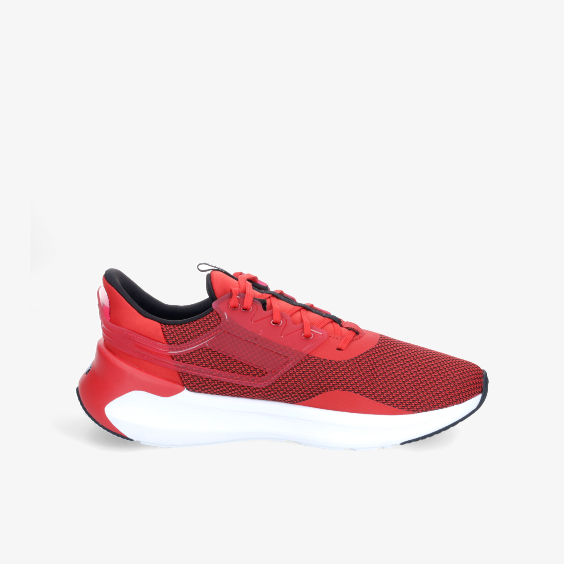 Leichter roter Sportschuh mit atmungsaktivem Material und flexibler, bequemer Sohle in seitlicher Ansicht